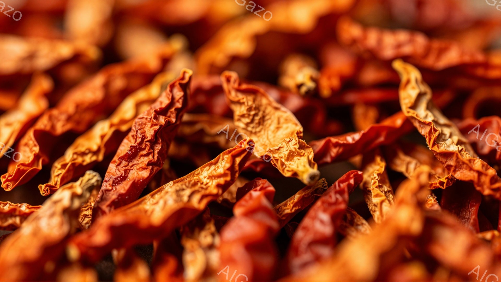 鮮やかな赤色の乾燥唐辛子が画面全体を埋め尽くしています。独特のシワや質感が強調され、唐辛子の自然な風味と辛さを感じさせます。全体的に暖色系の色調で、スパイシーで活気のある雰囲気を醸し出しています。