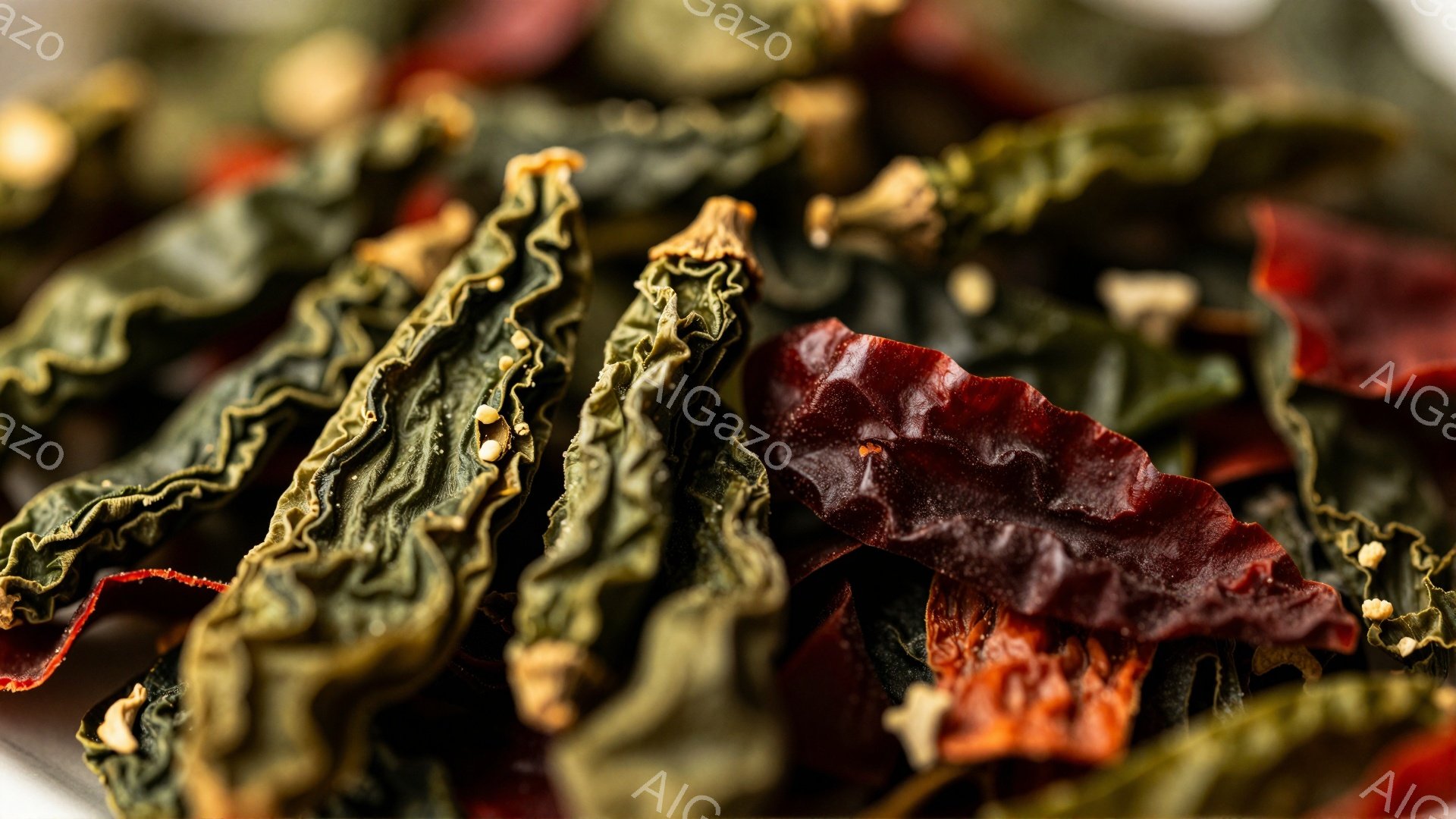 鮮やかな赤と深い緑色の乾燥唐辛子が密集して写っている。シワが寄り、独特の質感が強調された唐辛子は、まるで縮んだ葉のような形をしている。背景はぼかされており、唐辛子の色彩とテクスチャが際立っている。 - AI生成フリー素材