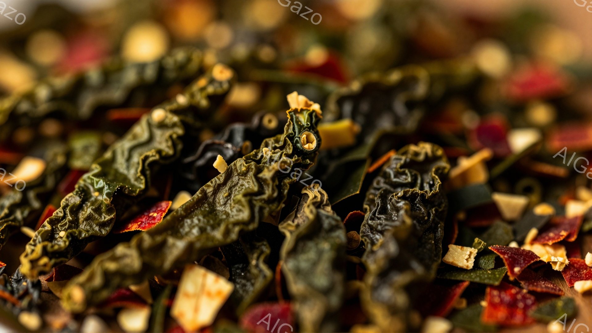 縮れた緑色の茶葉が、赤い唐辛子や小さな白い粒々とともに密集して写っているクローズアップ写真です。葉は乾燥しており、様々な濃淡の緑色と茶色を帯びています。全体的に、乾燥ハーブやスパイスのブレンドのような - AI生成フリー素材