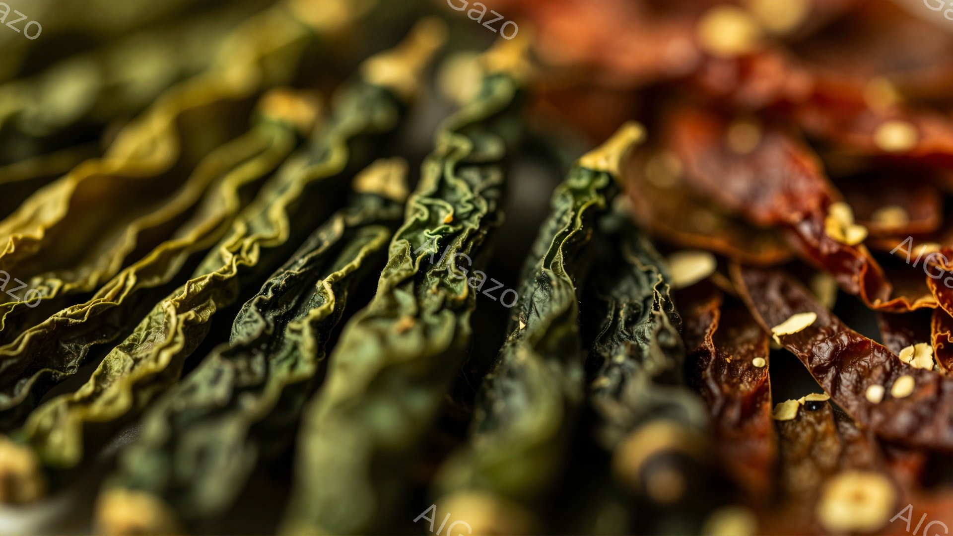 画像は乾燥した唐辛子のクローズアップで、しわくちゃで濃い赤と緑色が特徴的です。唐辛子は密集しており、表面には小さな白い斑点が見られます。全体的に、乾燥したスパイスの質感と鮮やかな色彩が印象的で、料理に使われる食材のようにも見えます。