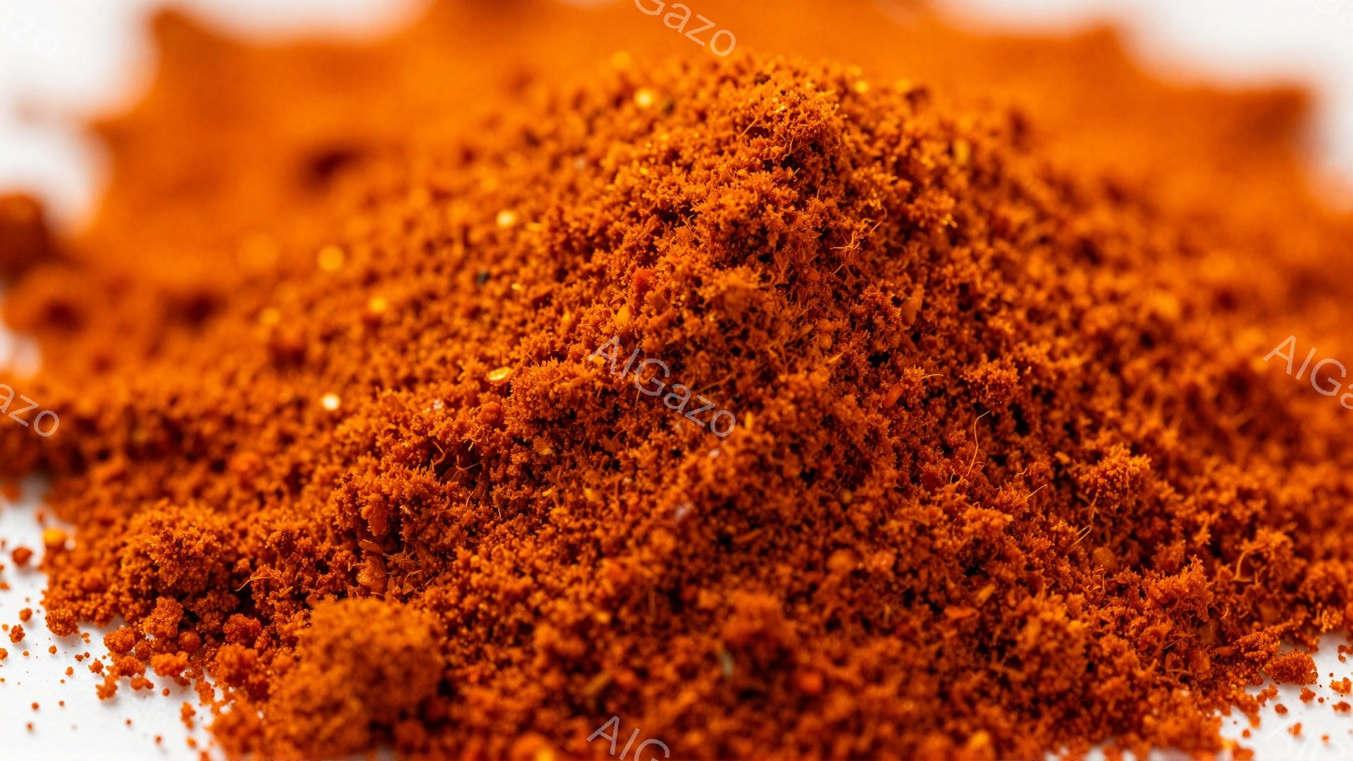 鮮やかな赤色の粉末が画面全体に広がっており、テクスチャは粗く、粒々としている。背景は白く、粉末の色を際立たせており、全体的にスパイシーな料理の材料や調味料を想起させる印象である。光の当たり方から、微細な粒子が確認でき、粉末の質感が強調されている。