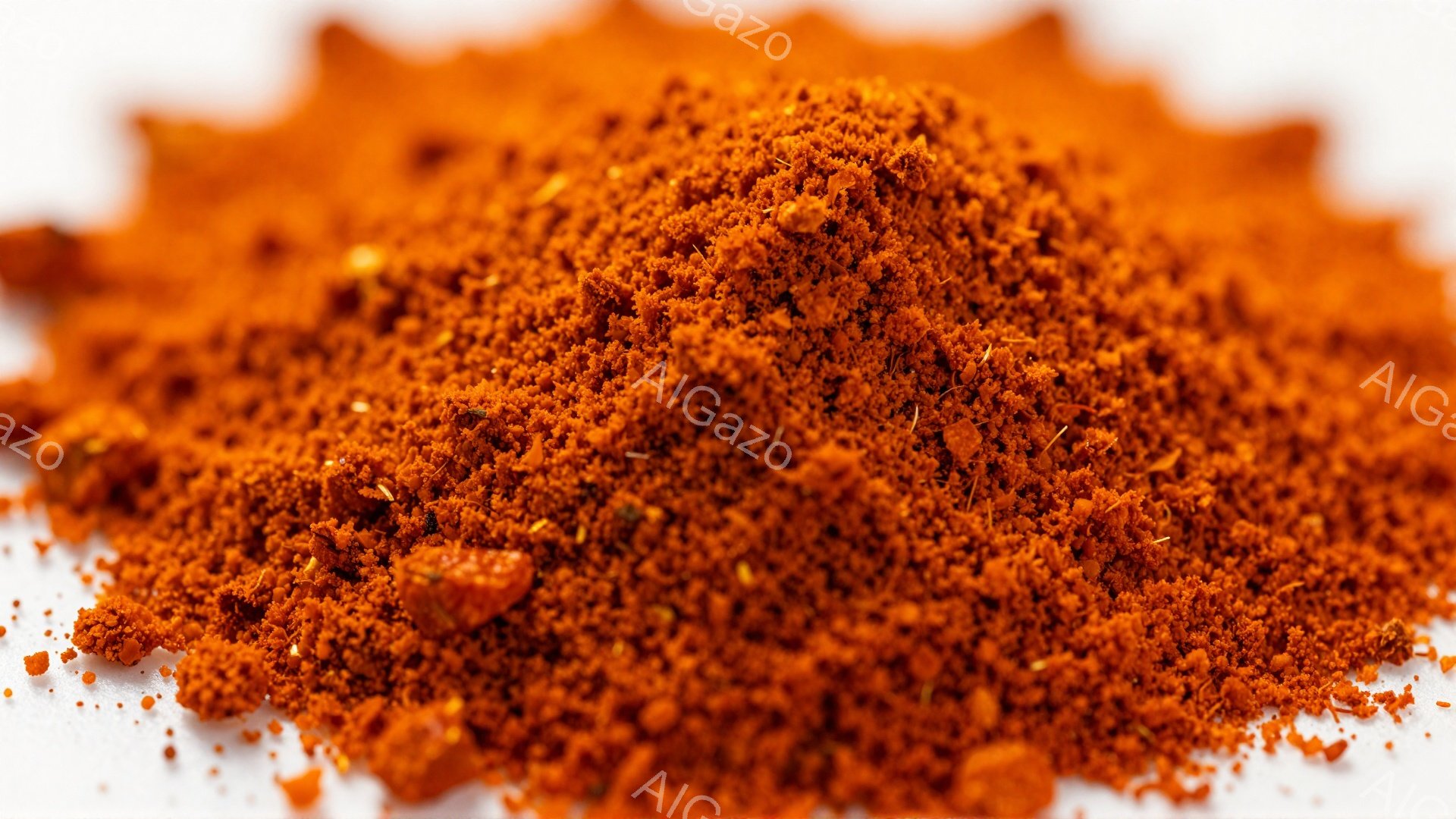 この画像は、明るいオレンジ色のスパイスまたは粉末の山を示しています。質感は粗く、細かい粒子とより大きな破片が混ざり合っており、その中にわずかな緑色のハーブのようなものが散りばめられています。背景は白く - AI生成フリー素材