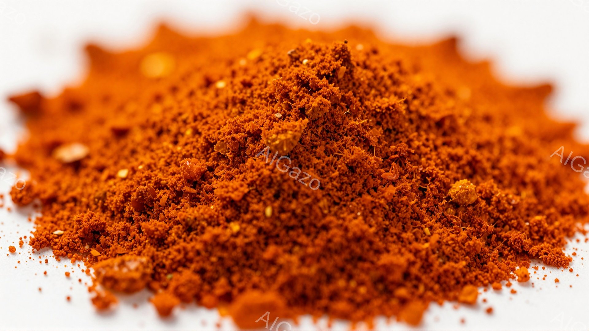 この画像は、鮮やかな赤橙色の粉末状のスパイスまたは調味料が白地に広げられたクローズアップ写真です。細かい粒子の中に、より大きな赤い破片が散りばめられています。全体的に暖かく、風味豊かな印象を与える画像です。