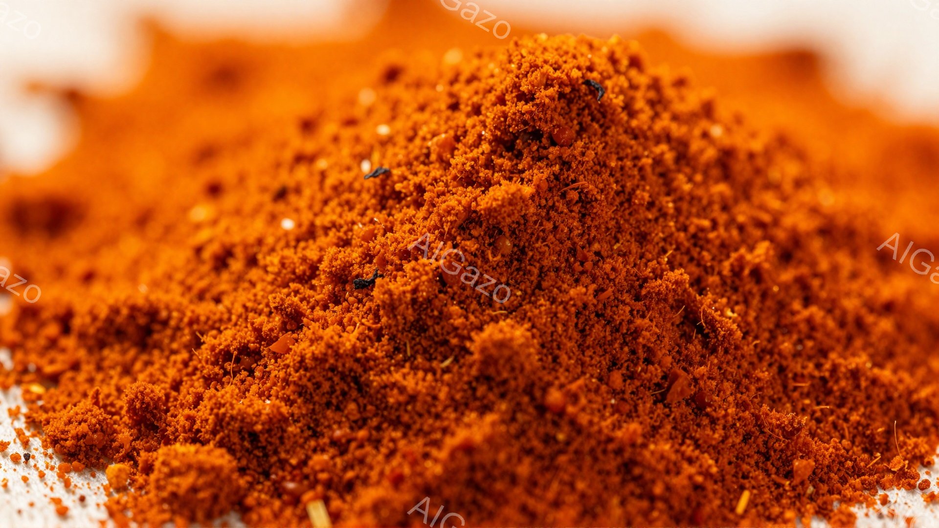 鮮やかなオレンジ色の粉末が白い表面に山のように積み重なっている。粗い質感で、細かく砕かれた唐辛子やスパイスの混合物のように見える。全体的に、刺激的で食欲をそそる、活気のある雰囲気を醸し出している。 - AI生成フリー素材