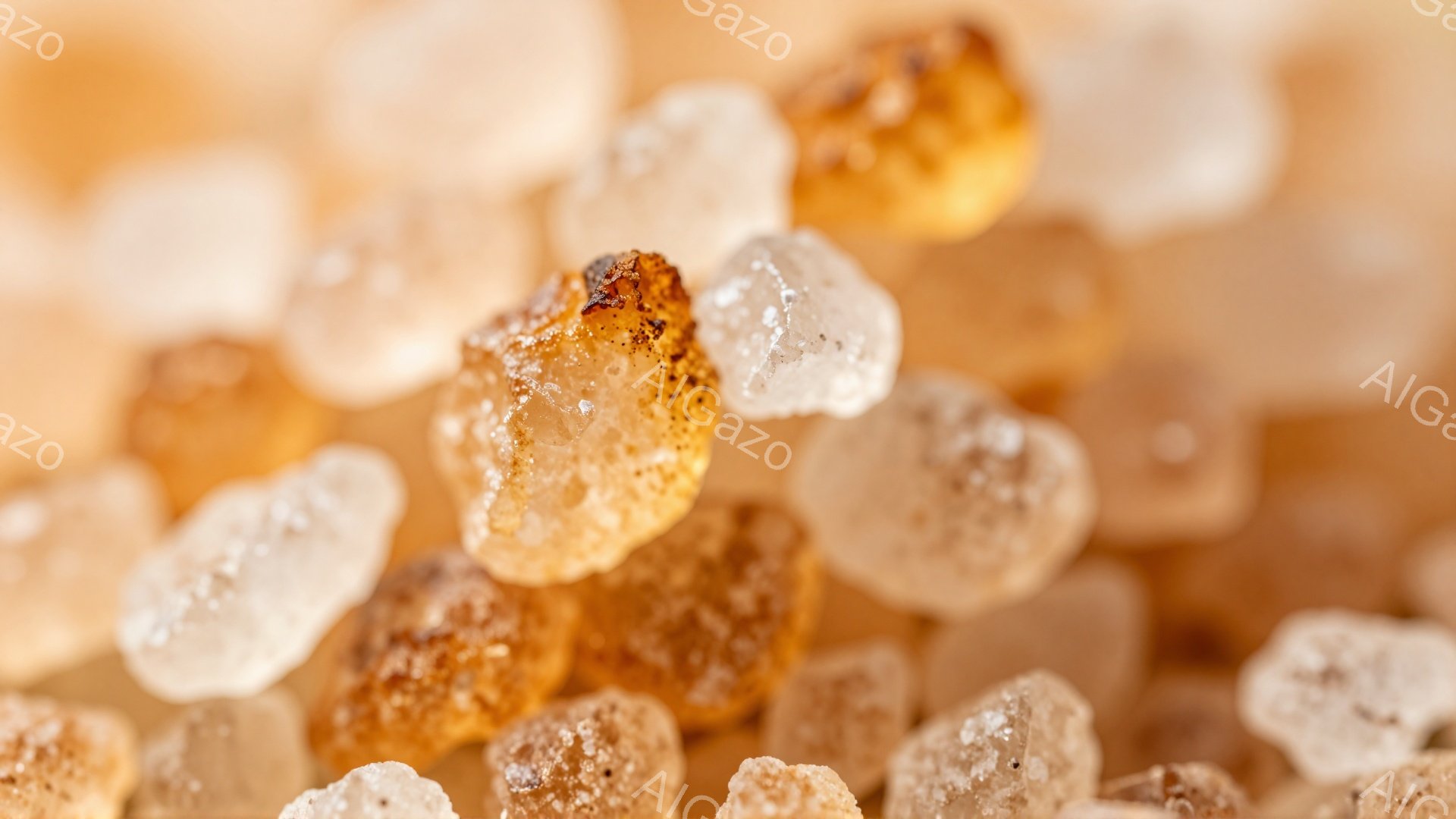 粗い砂糖の結晶が画面全体を覆い、暖色系の茶色と白が混ざり合って、テクスチャと立体感が際立っています。光が結晶に当たり、一部に影を作り出し、粒子の粗さと独特の形状を強調しています。全体として、甘さと自然な雰囲気が感じられる、マクロショットの画像です。