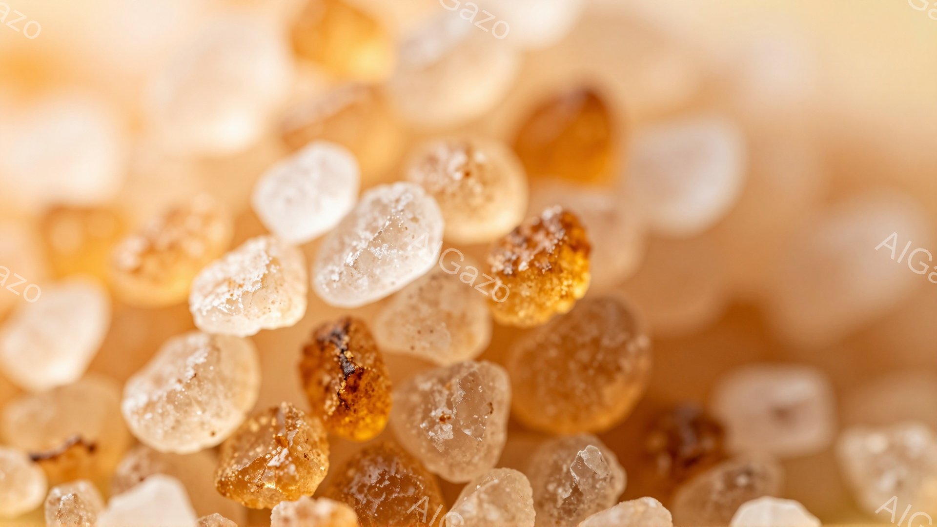 画像は、砂糖の結晶のような粒子のクローズアップです。粒子は白から茶色まで色調が異なり、光沢があり、細かく丸みを帯びています。全体的に、暖かく、甘く、繊細な雰囲気を醸し出しています。