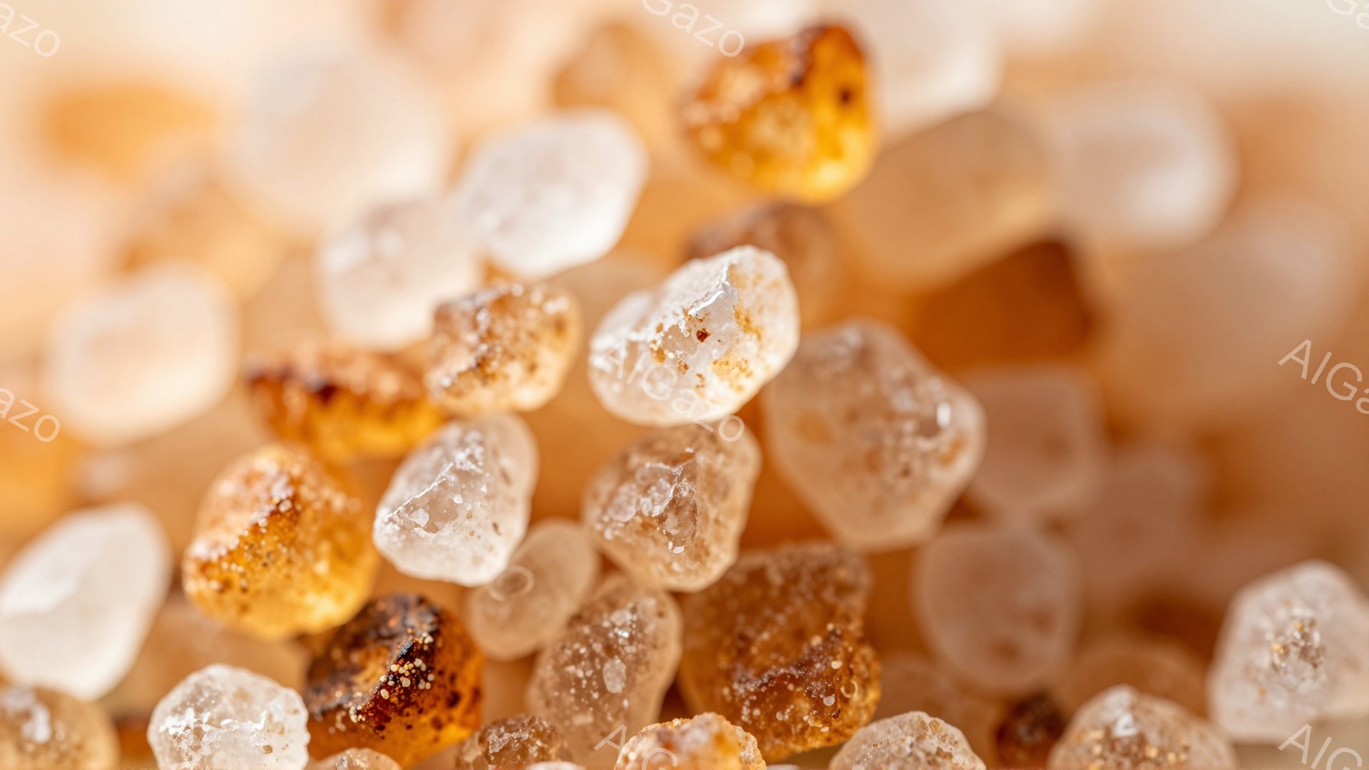 粗い茶色の結晶が画面全体を埋め尽くしています。結晶は不規則な形をしており、表面には微細な凹凸が見られます。全体的に暖かく、少し甘い雰囲気を感じさせる画像です。