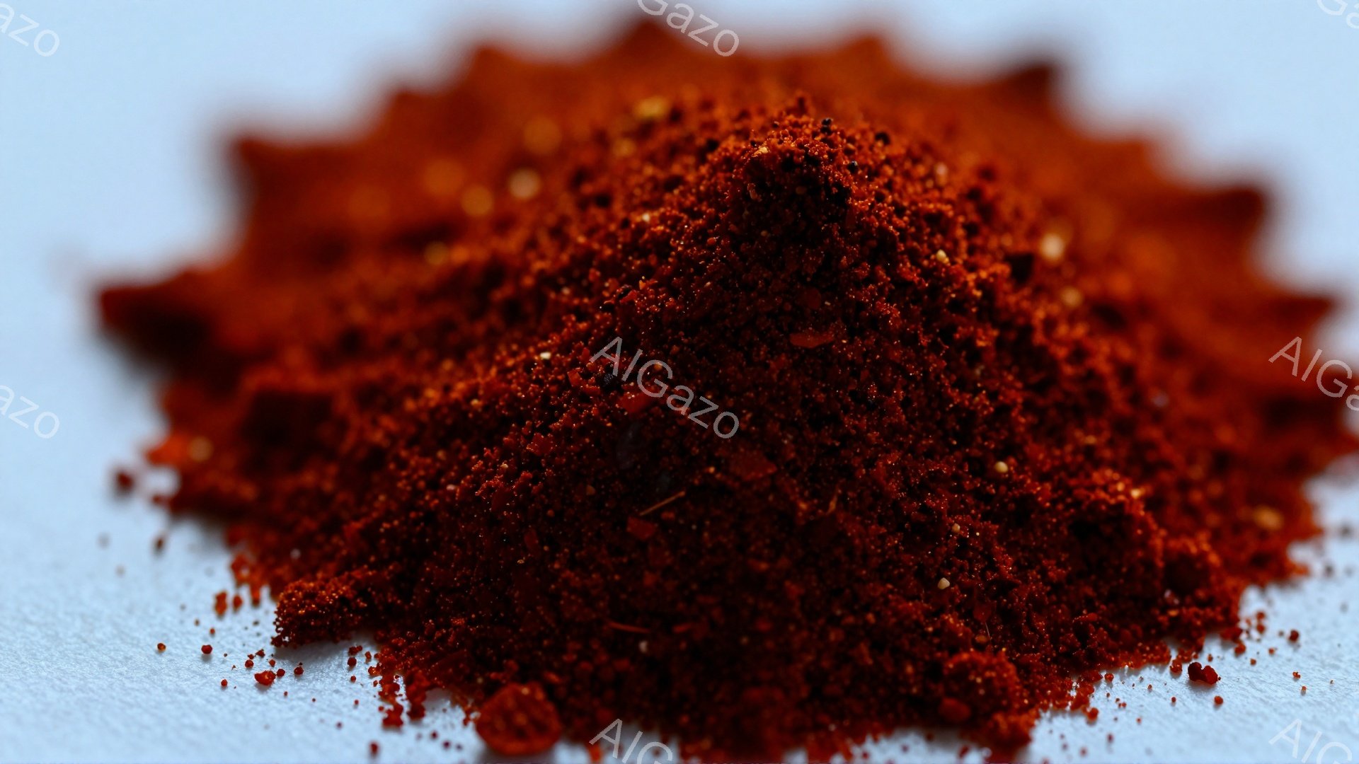 鮮やかな赤色の粉末が、白い背景の上に山のように積み重なっている。粉末は細かい粒子で構成され、わずかに粗い質感と、ところどころに見える赤い粒が特徴的だ。全体的にシンプルでミニマルな構図で、食欲をそそるよ - AI生成フリー素材