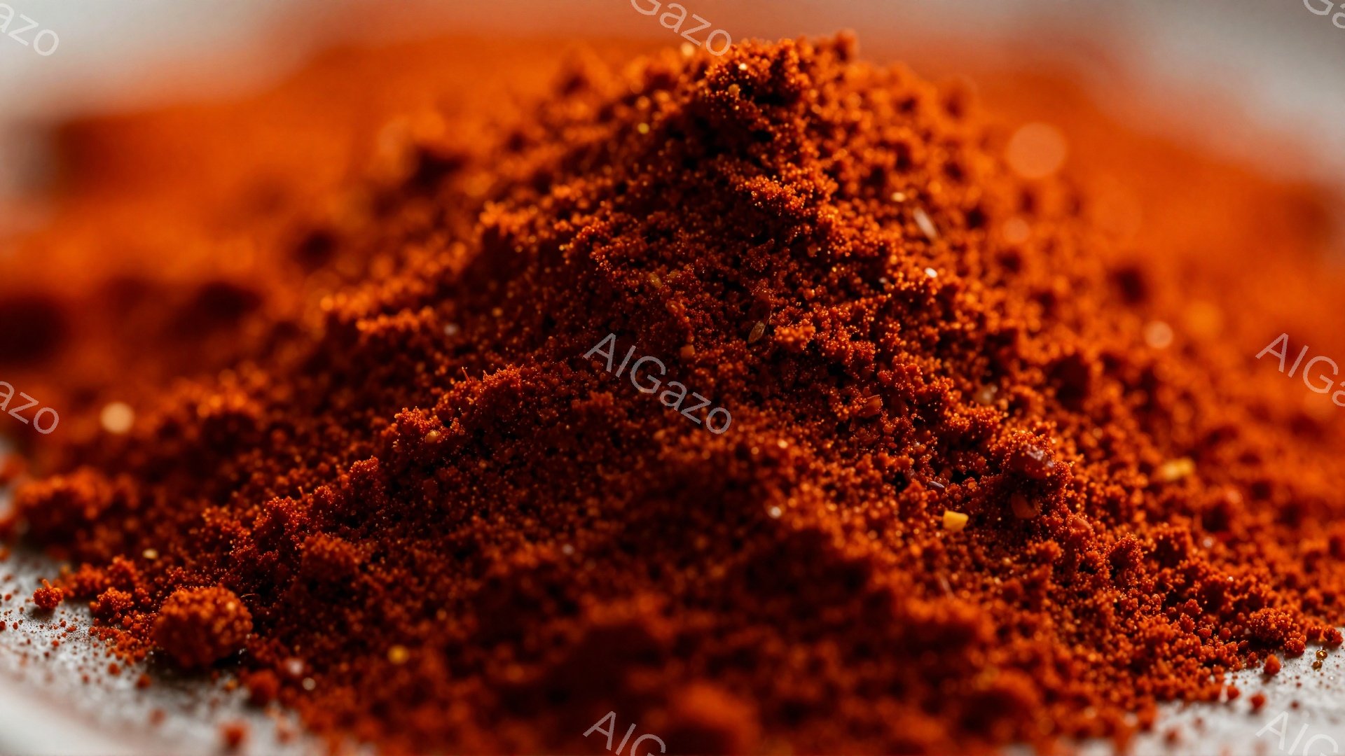 鮮やかな赤色の粉末が、白い表面に山のように積もっている。粉末は細かい粒子で構成され、光沢があり、テクスチャはザラザラとしているように見える。背景はぼやけており、粉末の赤色が際立って強調されている。