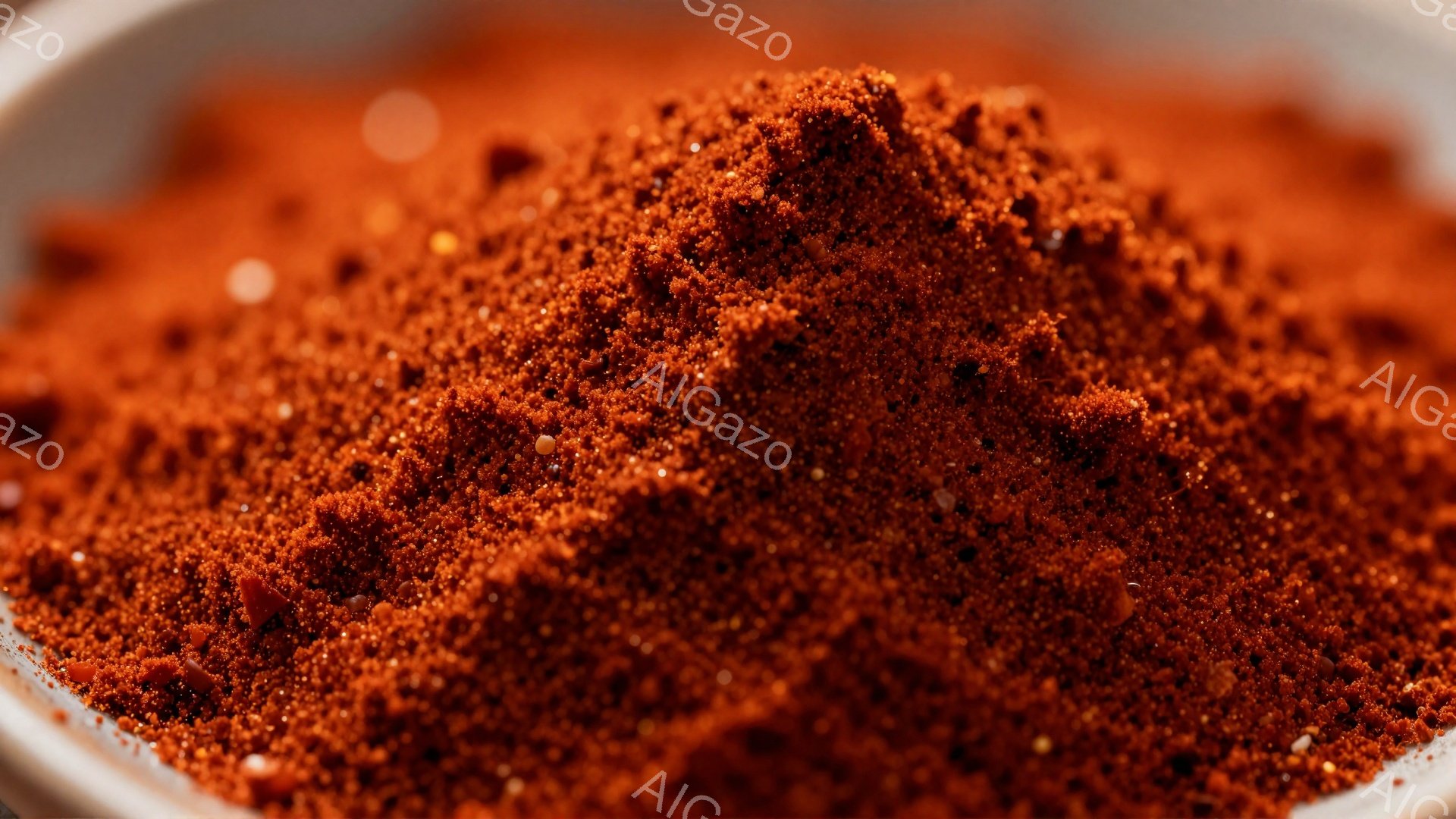 鮮やかな赤色のパウダー状のスパイスが、白い容器いっぱいに広がっています。細かい粒子が密集し、テクスチャがはっきりと捉えられ、光沢のある粒子が点在しています。全体的に暖色系のトーンで、食欲をそそるような雰囲気です。