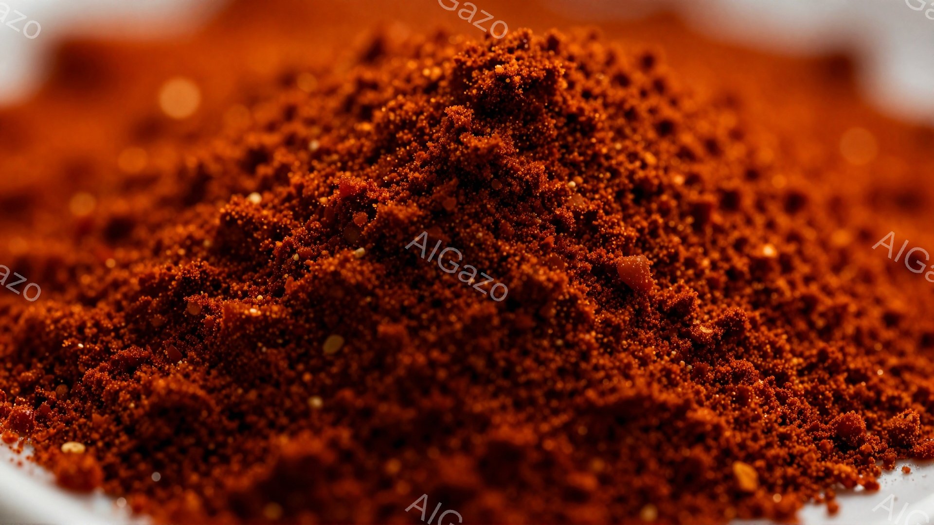 鮮やかな赤色の粉末が白い皿に山積みになっている。細かい粒子の質感と、かすかに見える黄色い種子が特徴的で、スパイスや調味料の一種であることが推測される。背景は白く、粉末の色を引き立てている。