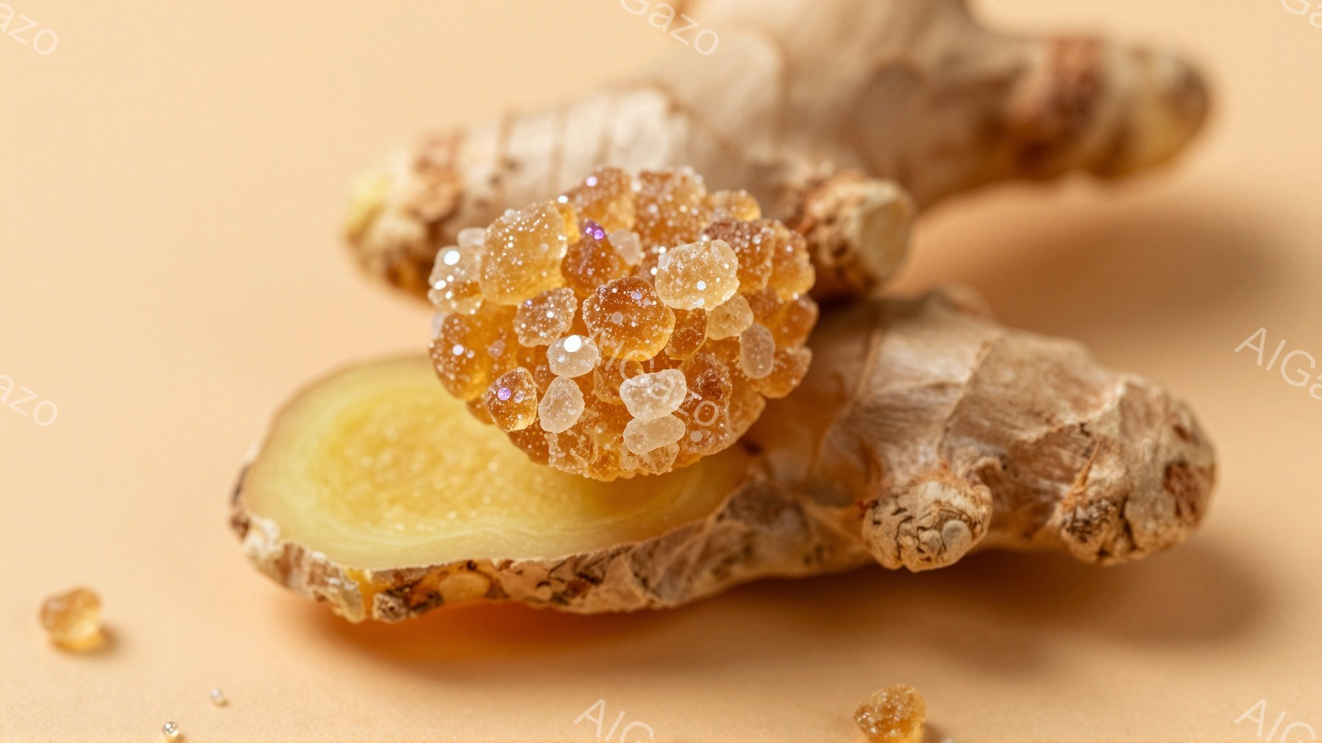 生姜の根が、ベージュ色の背景に置かれています。一部がカットされた生姜の上に、砂糖でコーティングされた生姜の塊が乗せられており、周囲に小さな砂糖の結晶が散らばっています。暖色系の色合いで、自然で素朴な雰囲気を醸し出しています。