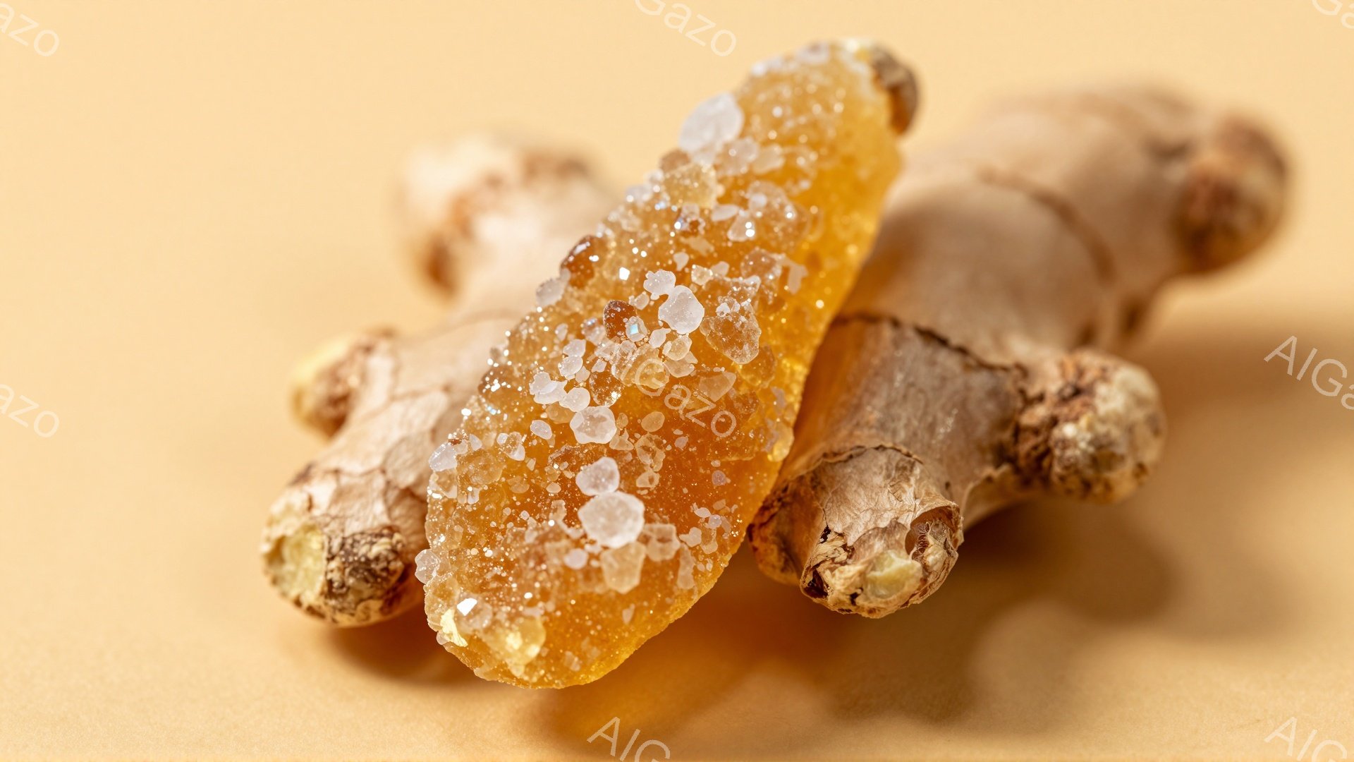 画像には、砂糖漬けの生姜と、数本の生姜の根が淡い黄色の背景に置かれています。砂糖漬けの生姜は、透明感のある琥珀色で、表面には砂糖の結晶が輝いています。根は不規則な形をしており、土のような色合いで、砂糖漬けの生姜とのコントラストが印象的です。