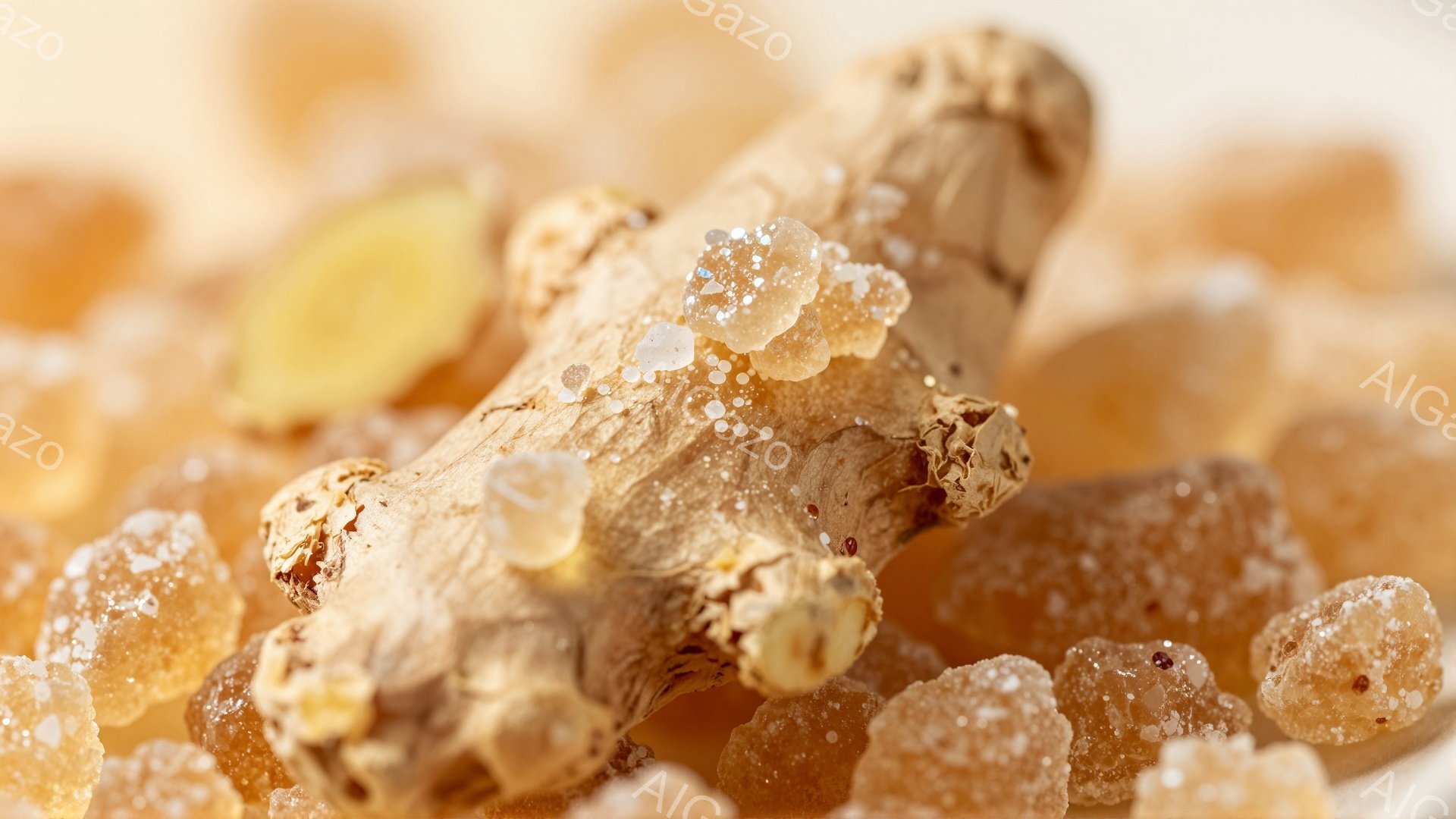 画像には、砂糖漬けの生姜の塊が写っており、明るい琥珀色をしています。生姜の一部はまだ根の形をとどめており、他の部分は小さく角ばったキャンディー状に加工されています。全体的に温かく、甘いお菓子の雰囲気を醸し出しています。