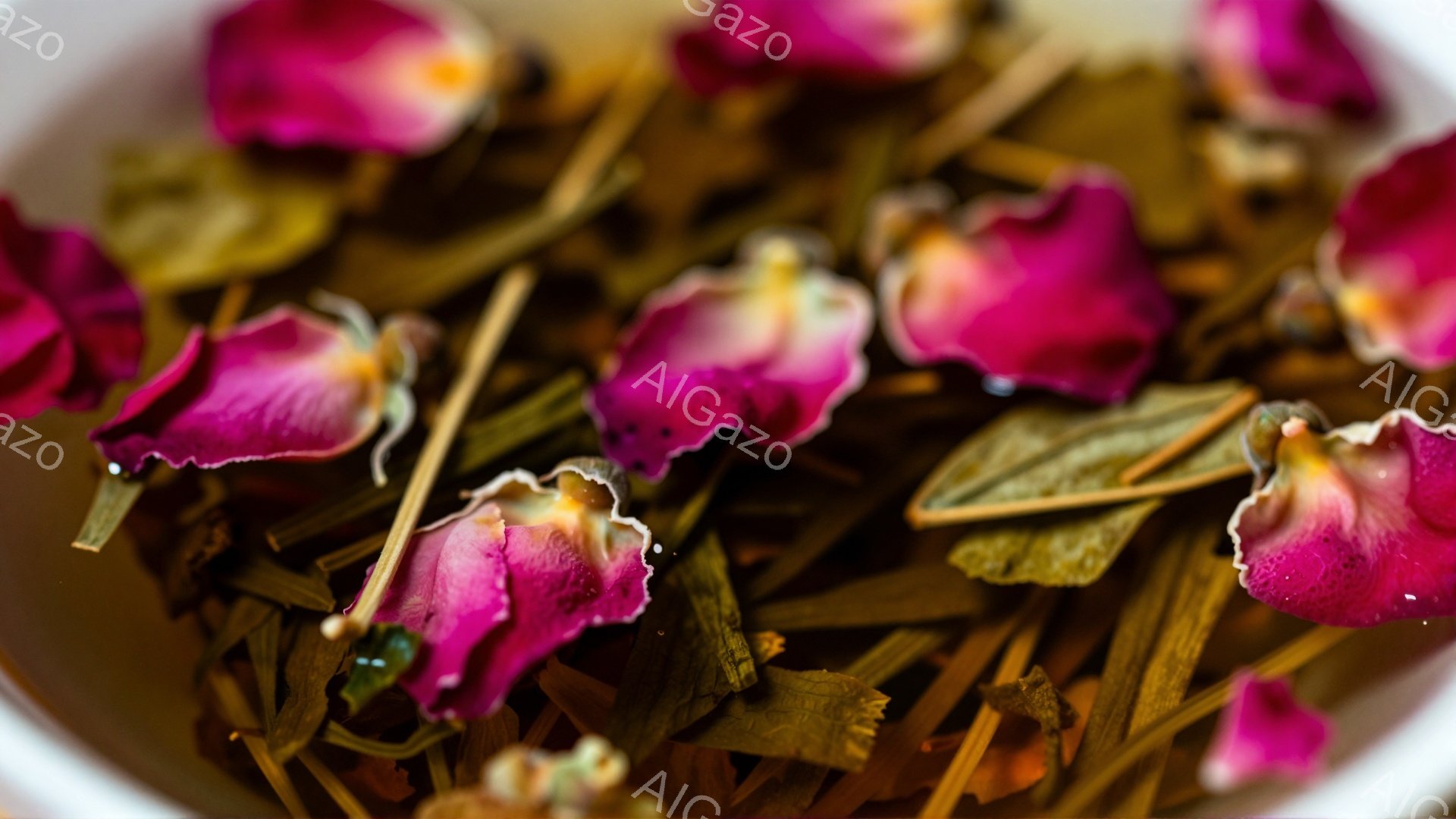 鮮やかなピンク色のバラの花びらが、細長い緑色の茎や葉と混ざり合い、琥珀色の液体の中に浮かんでいる。光の反射が花びらの縁を照らし、微妙な陰影を生み出している。全体的に、温かく、自然で、リラックスした雰囲気が漂っている。