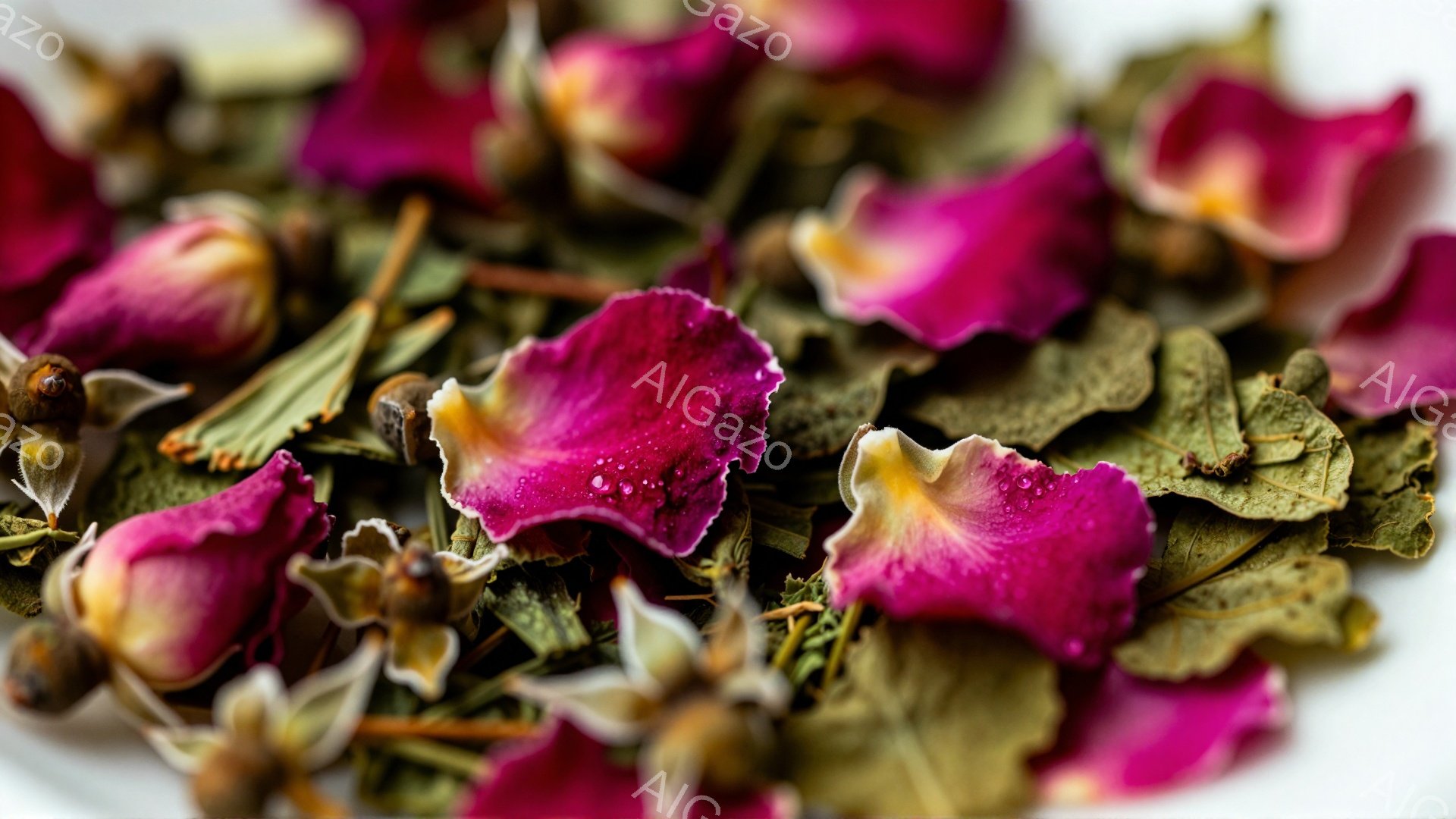 鮮やかなピンク色のバラの花びらが、乾燥した緑色のハーブや茶葉と混ざり合って写っているクローズアップ写真です。花びらには水滴がついており、しっとりとした質感が強調されています。全体的に暖色系の色合いで、自然の美しさを感じさせる静謐な雰囲気です。