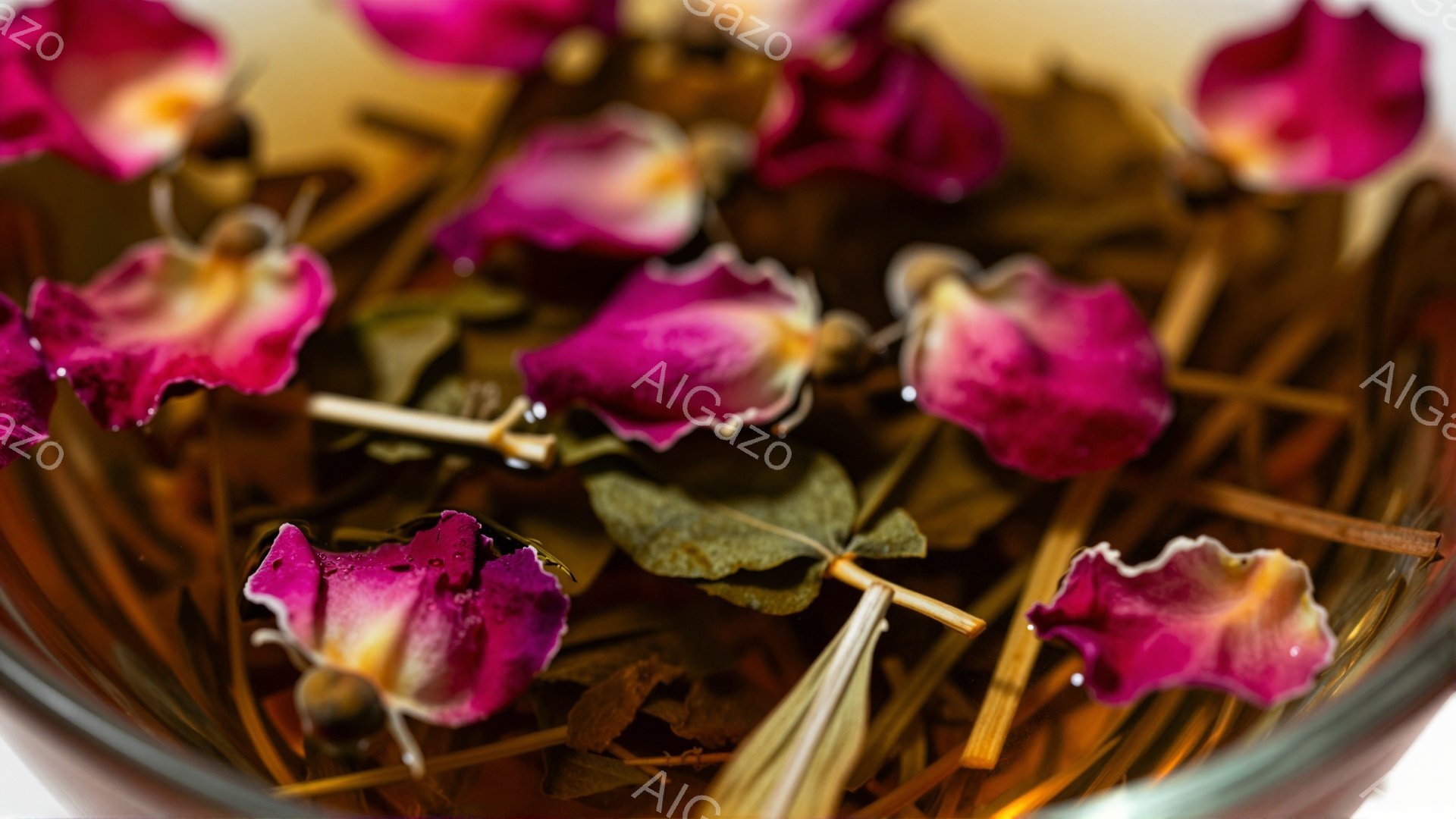 鮮やかなピンク色のバラの花びらが、透明なグラスの中で水に浸かっている様子が写っている。花びらの縁は少し白っぽく、水面には細い草のようなものが浮かび、全体的に温かく、繊細な雰囲気を醸し出している。光の加減でグラスの曲線が強調され、花びらがより一層美しく見える。