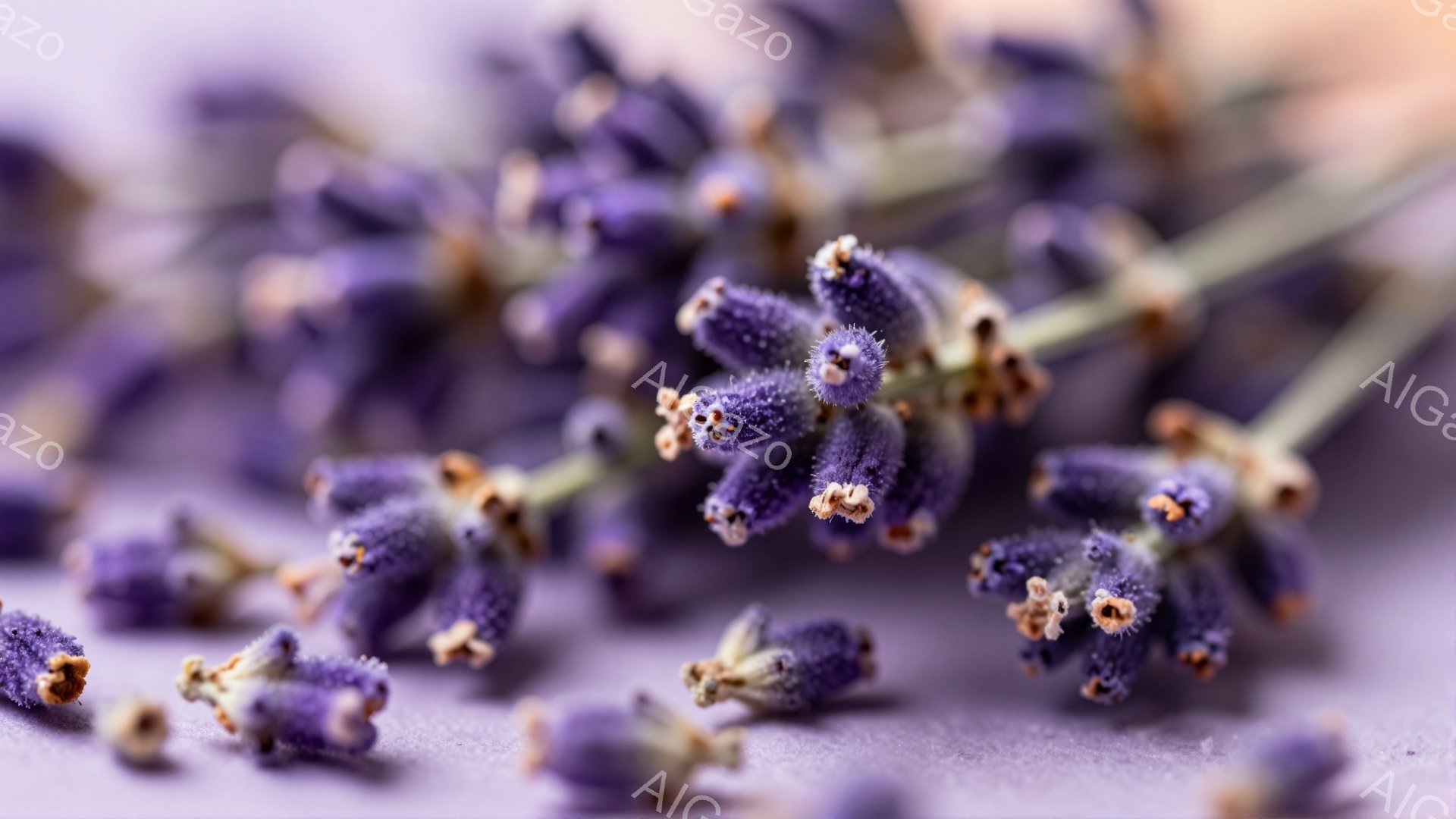 この画像は、ラベンダーの花穂が、淡い紫色の背景に散りばめられたクローズアップ写真です。花穂は紫色で、小さな花が密集しており、かすかにオレンジ色の花粉が見られます。全体的に、穏やかでリラックスした、自然の美しさを感じさせる雰囲気です。