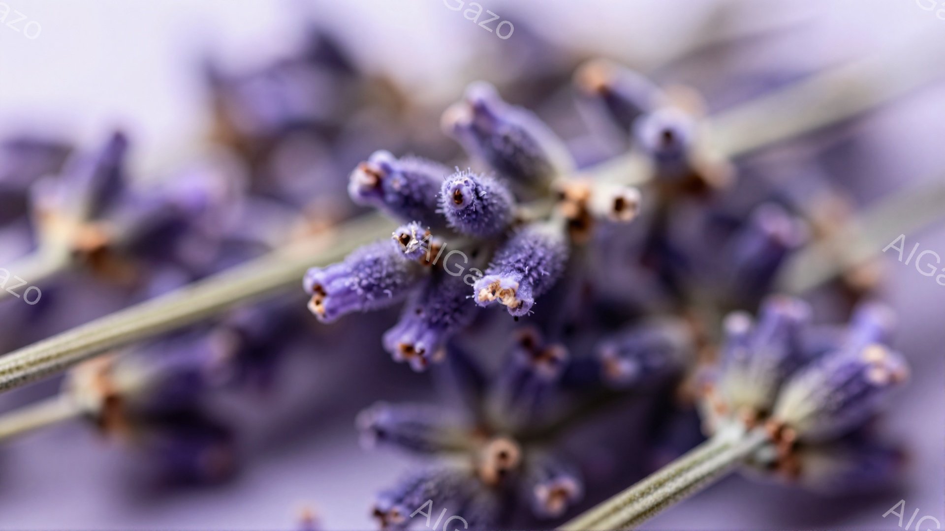 ラベンダーの花穂がクローズアップで捉えられており、紫色の小さな花が密集して咲き誇っています。花穂は緑色の茎に支えられ、背景は淡い紫色でぼやけており、柔らかい雰囲気を醸し出しています。全体として、穏やかでリラックスできる、自然の美しさを強調した一枚です。