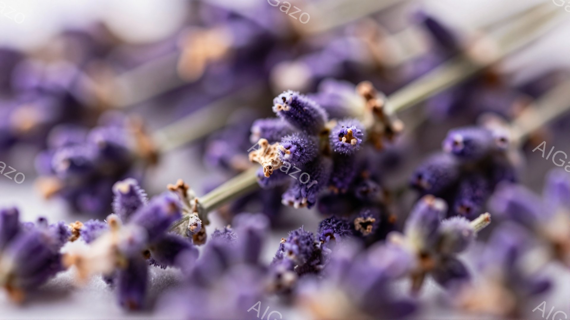 ラベンダーの花が密集して写っており、紫色の小さな花穂が茎に沿って並んでいる様子が鮮明に捉えられています。花びらは繊細で、少し乾燥しているように見え、背景は淡い灰色でぼやけており、焦点は花そのものに絞られています。全体的に、穏やかで静謐な雰囲気を感じさせる、美しい自然のクローズアップ写真です。