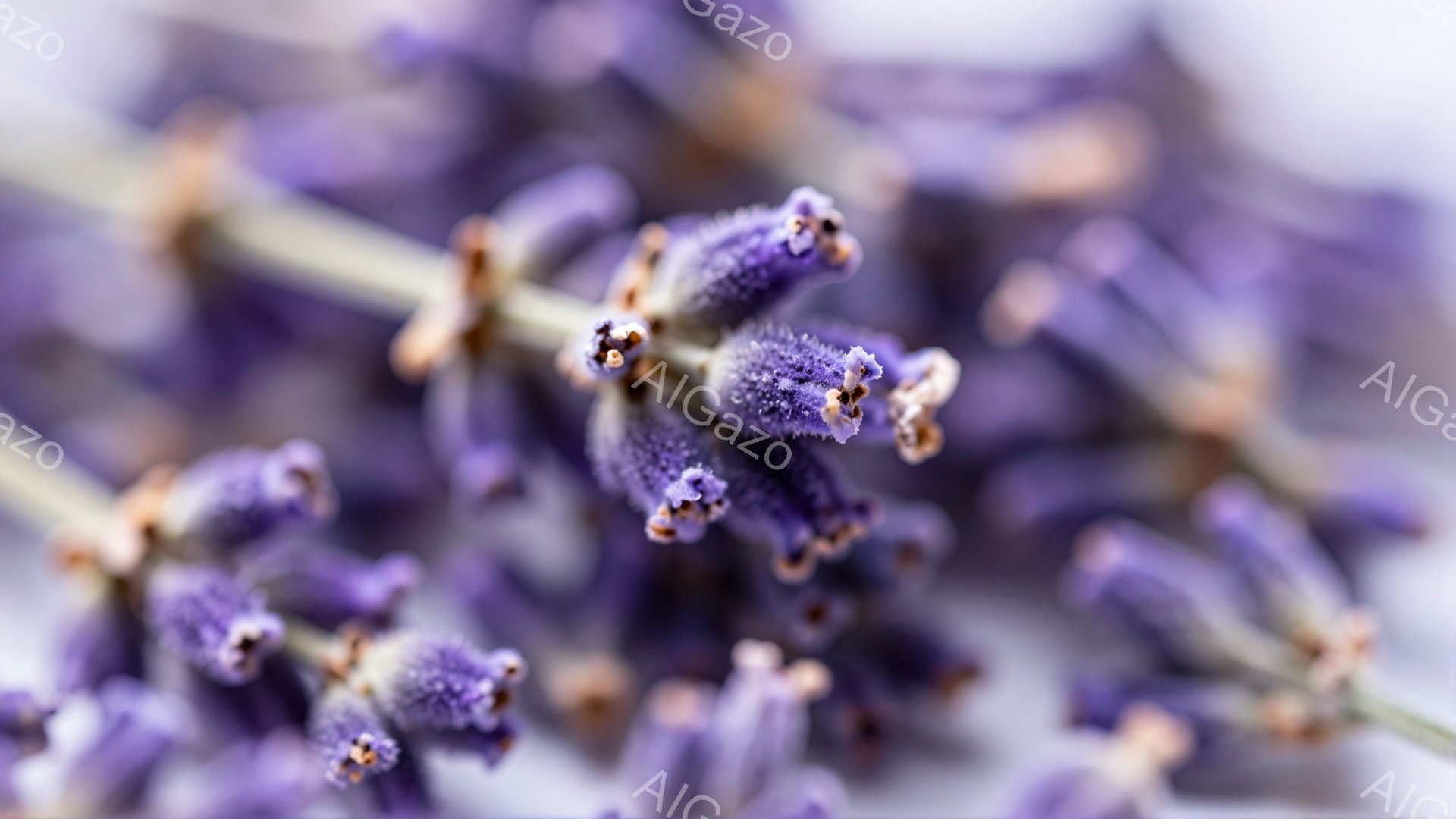 鮮やかなラベンダーの花穂が、白背景にクローズアップで捉えられています。紫色の小さな花が密集し、繊細な毛のようなものが確認できます。全体的に柔らかく、リラックスした雰囲気の、自然の美しさを強調した写真です。