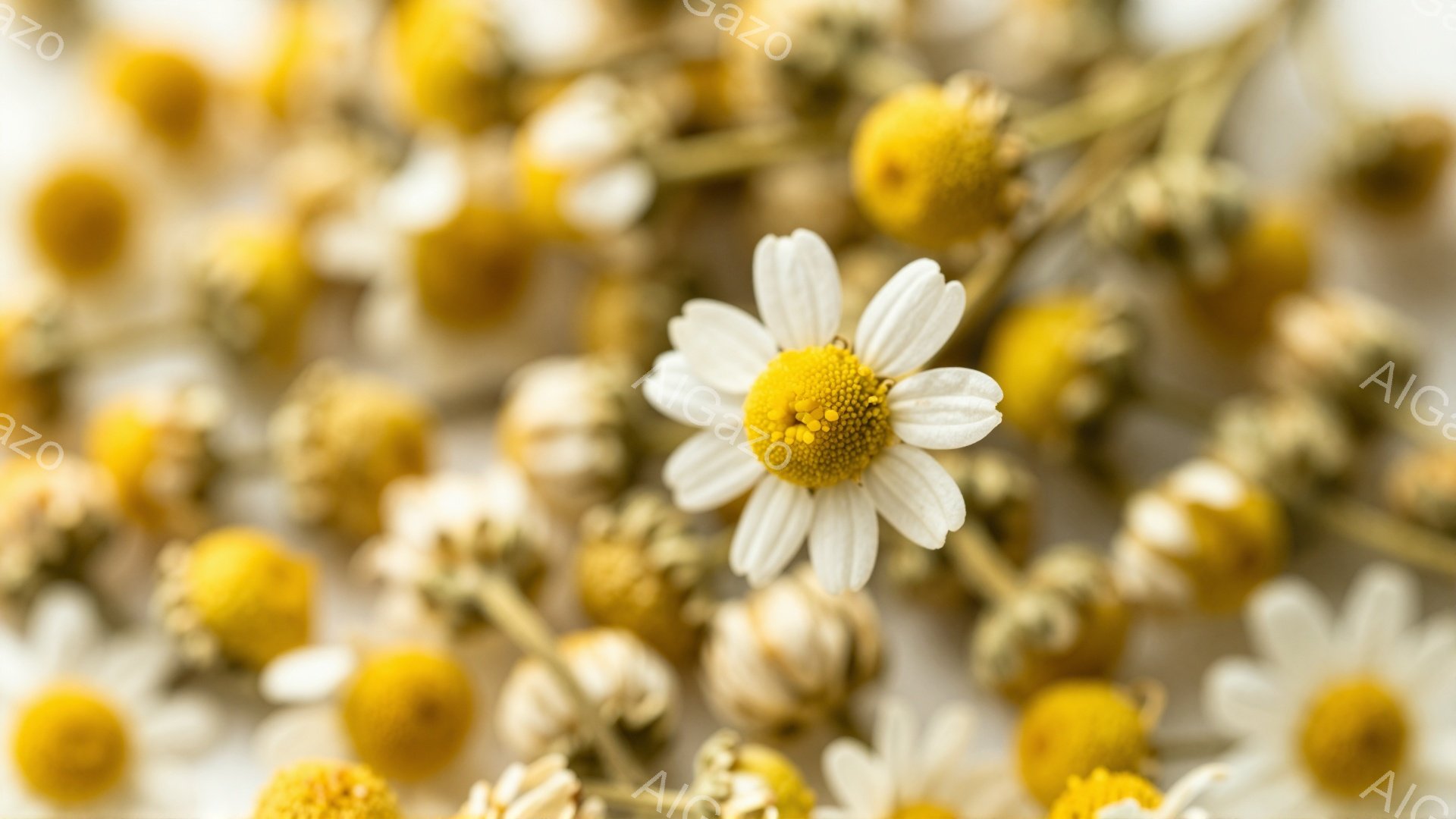 画像は、カモミールと思われる小さな白い花を多数描いています。花びらは純白で、中心部は鮮やかな黄色をしており、全体的に温かく、柔らかな印象を与えます。背景はぼやけており、花そのものに視線が集中し、自然の静けさと繊細さを感じさせます。