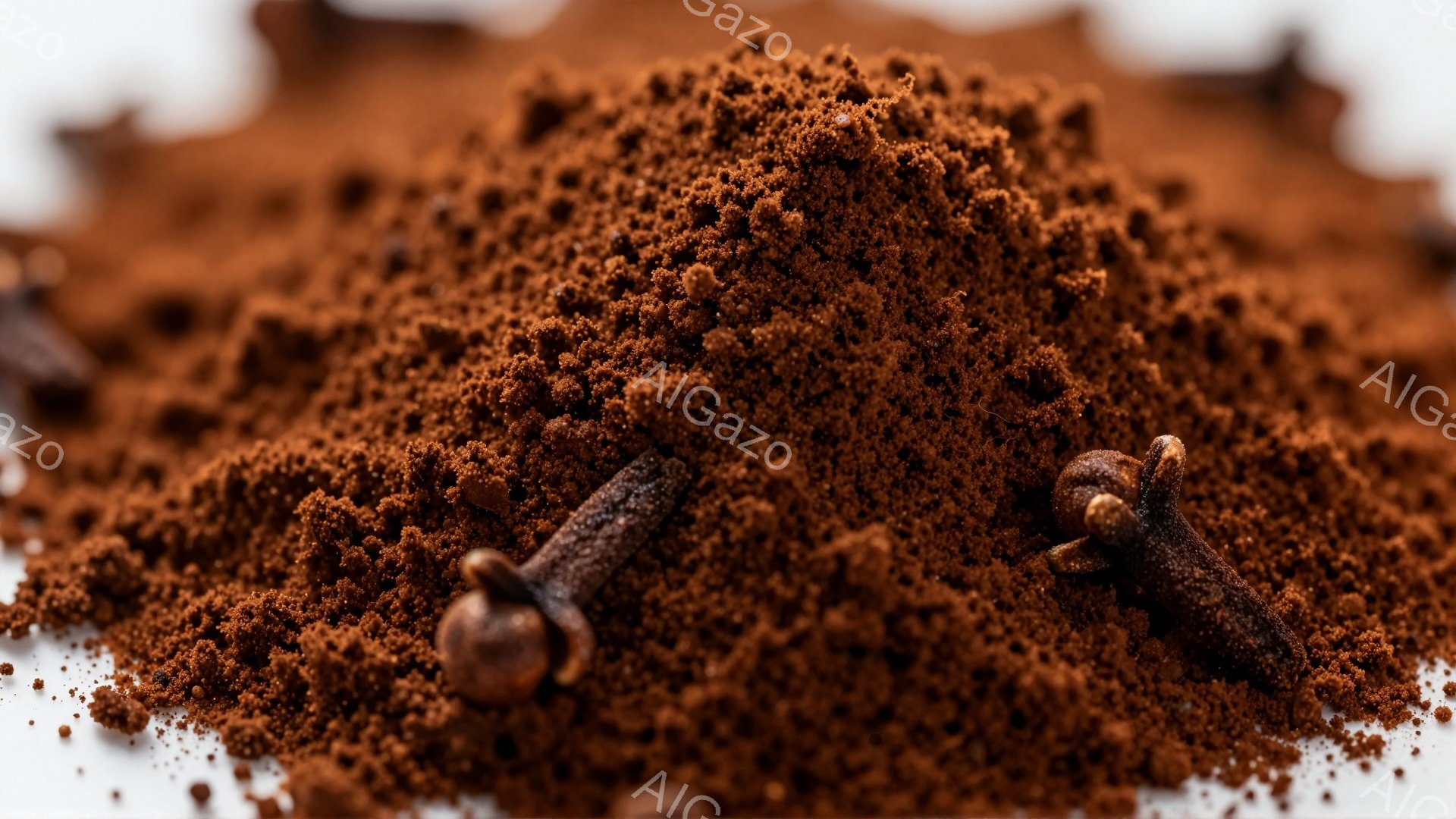 砕いたシナモンのような茶色のパウダーが白い背景に山積みになっており、その中に数本のクローブが散りばめられています。クローブは独特の形状で、茶色と暗褐色の色合いがパウダーとコントラストをなしています。全 - AI生成フリー素材