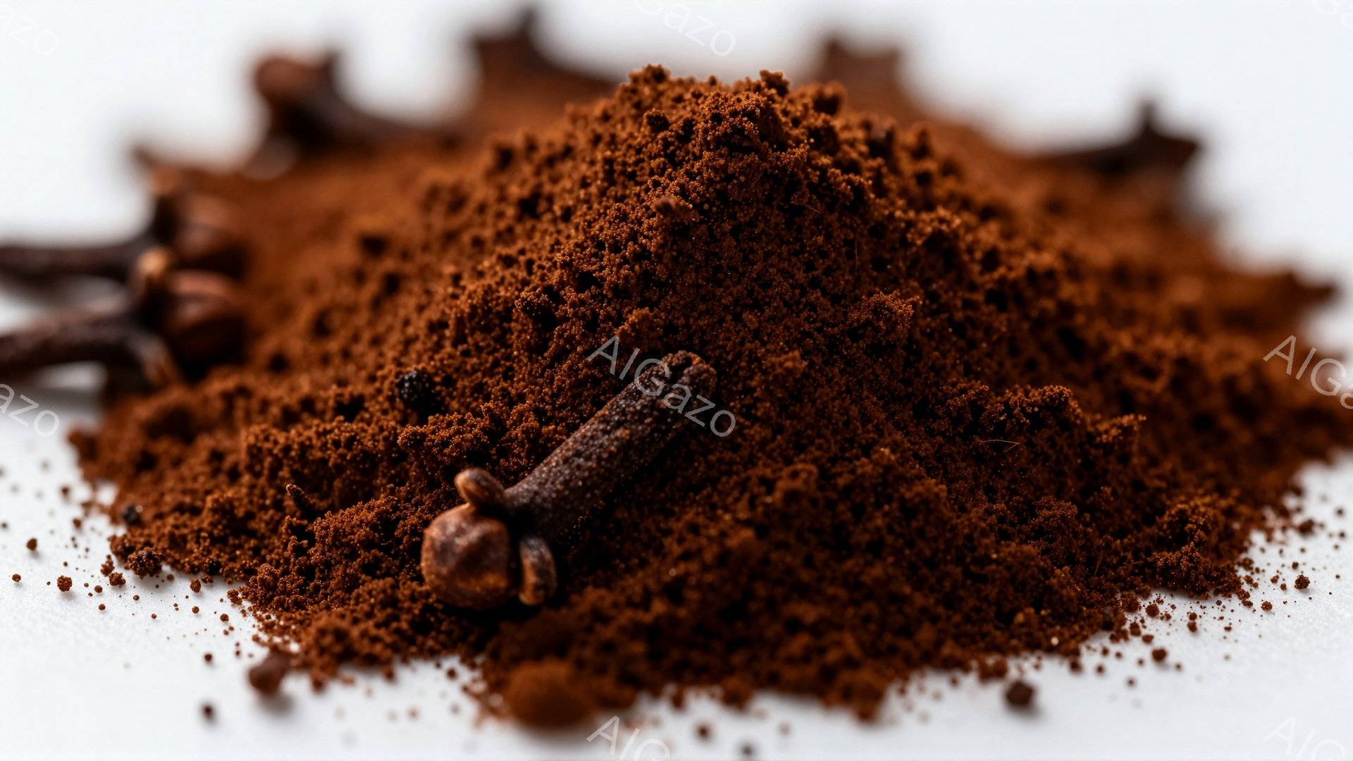 画像は、白い表面に散らばったシナモンの粉と、数本のクローブが写っています。粉末は濃い茶色で、粒子が細かく、クローブがその上に置かれ、鮮やかなコントラストを呈しています。 全体的に暖かくスパイシーな印象 - AI生成フリー素材