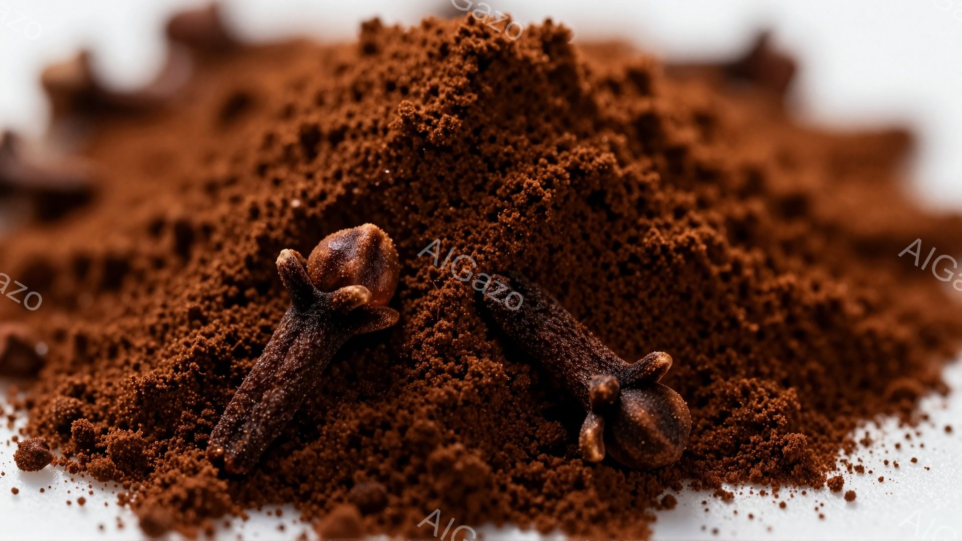 画面には、粉末状の濃い茶色のスパイスが山積みに写っており、その中に数本のクローブが埋まっている様子が捉えられています。クローブは独特の形状をしており、粉末と対照的に立体的に見えます。背景は白く、粉末と - AI生成フリー素材