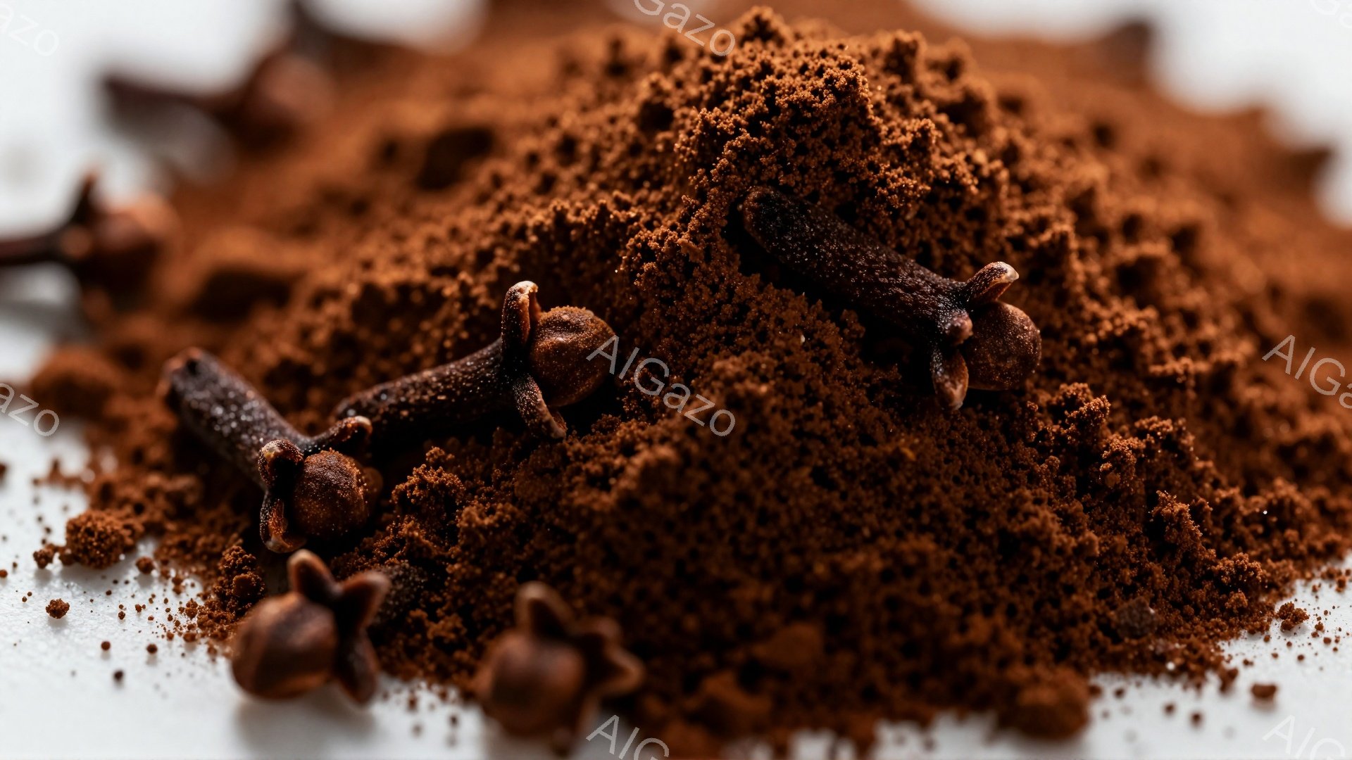 白い背景の上に、粉状になった茶色のスパイスとクローブが散らばっている。クローブは暗い茶色で、特徴的な花のような形をしており、スパイスの山に埋もれているように見える。全体的に暖色系の色合いで、スパイスの - AI生成フリー素材