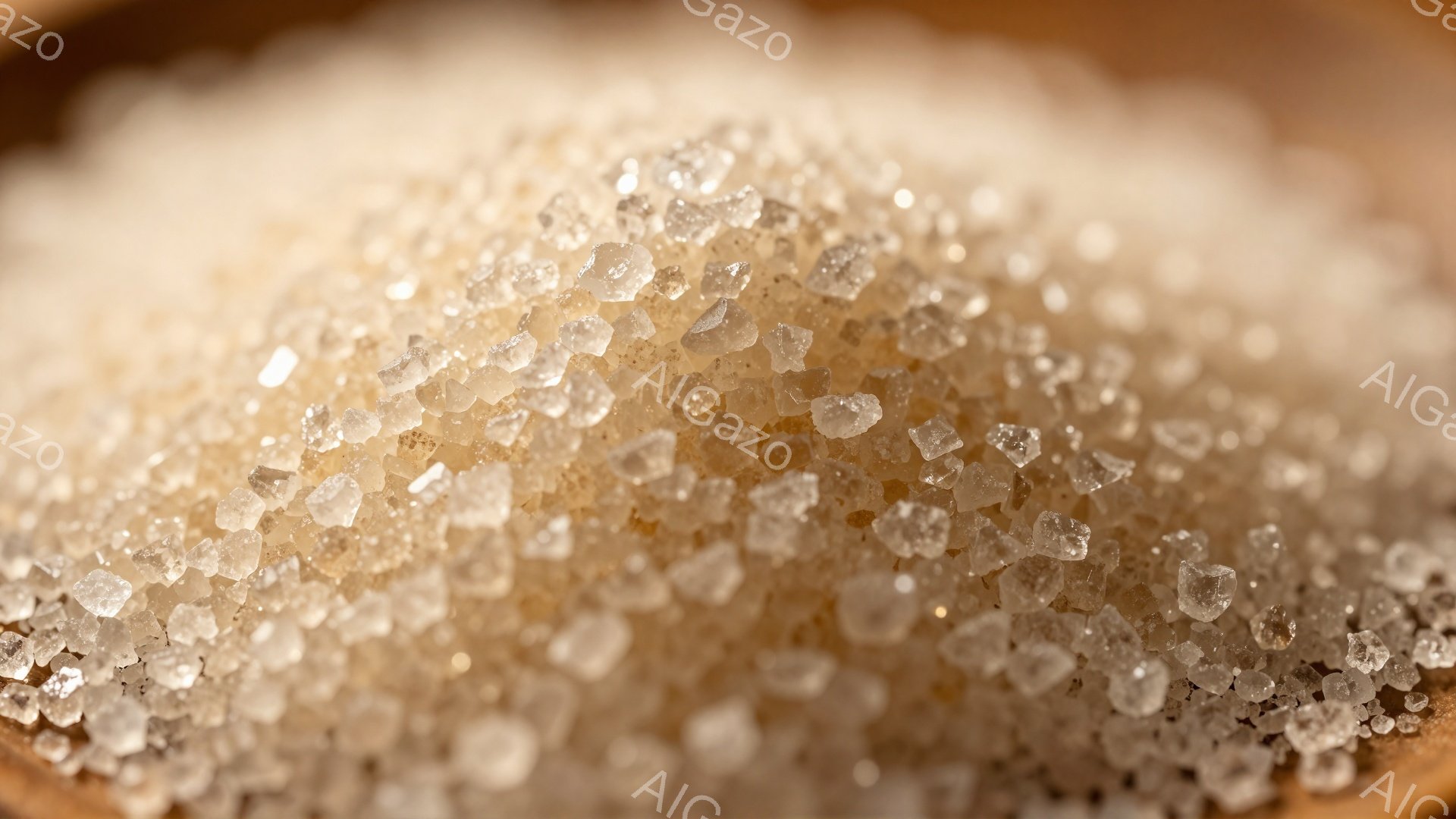 粗い砂糖の結晶が茶色い容器いっぱいに詰まっています。結晶は光を反射してキラキラと輝き、粒状の質感が強調されています。背景はぼやけていますが、容器の材質が木製であることがわかります。