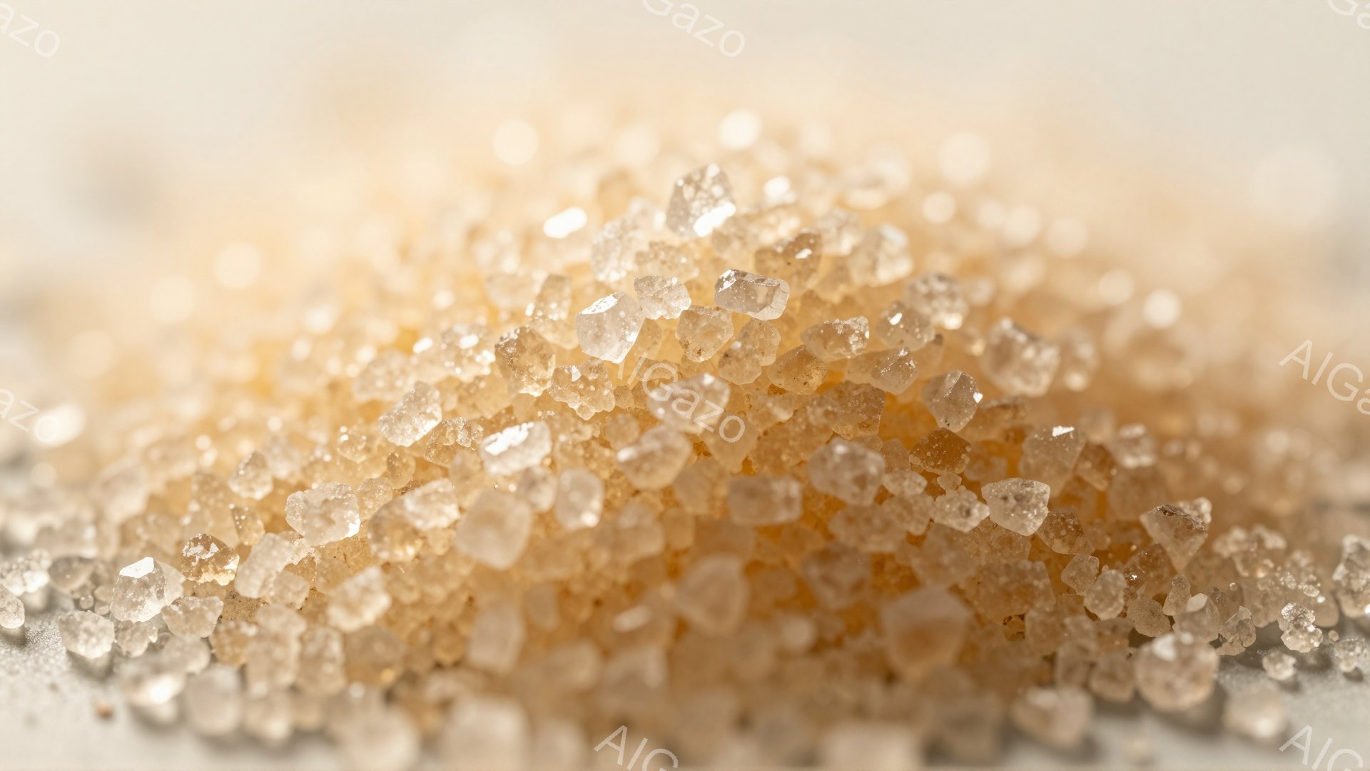 画像は、粗い茶色の砂糖の山をクローズアップしたものです。結晶は不規則な形をしており、光を反射して輝いています。背景はぼやけており、砂糖の質感と色が際立っています。