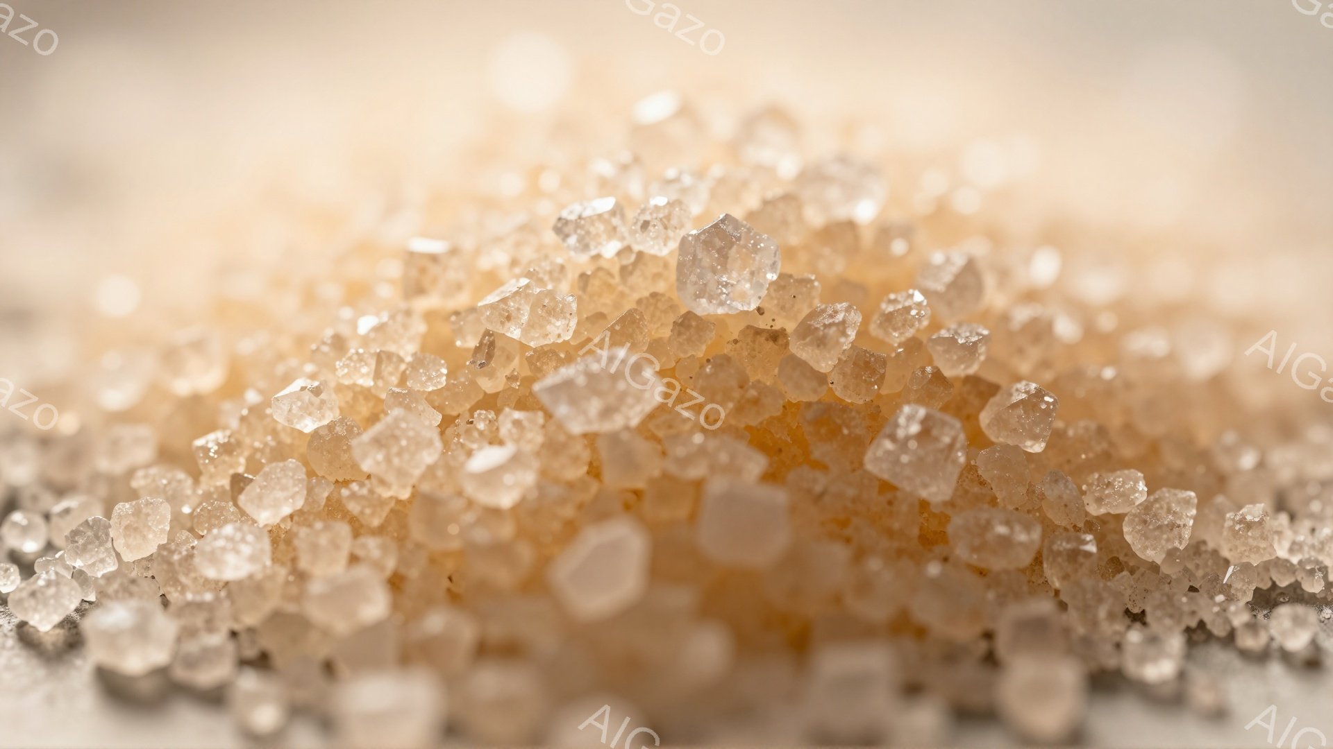 粗い砂糖の結晶が、明るい背景の上に積み重なって写っています。結晶は半透明で、光を反射してキラキラと輝いており、ざらざらとした質感が強調されています。全体的に暖色系の色調で、甘くて自然な雰囲気が漂っています。