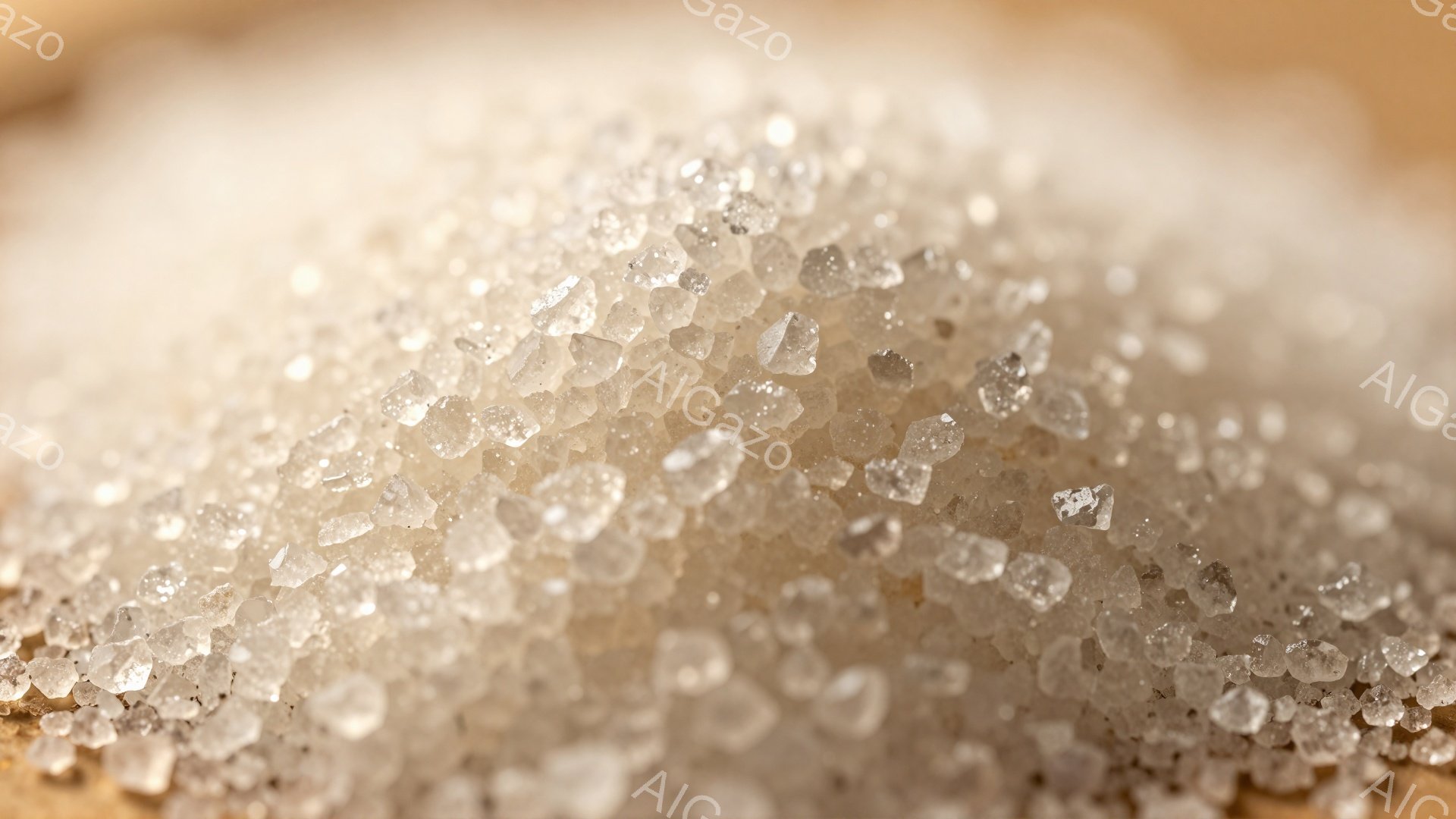 粗い粒状の物質が画面いっぱいに広がっており、おそらく塩または砂糖のような結晶に見えます。背景はぼやけた茶色の表面で、物質の粗さとコントラストを強調しています。全体的に、クローズアップされた質感と明るい色調が、ミニマルで清潔な印象を与えます。