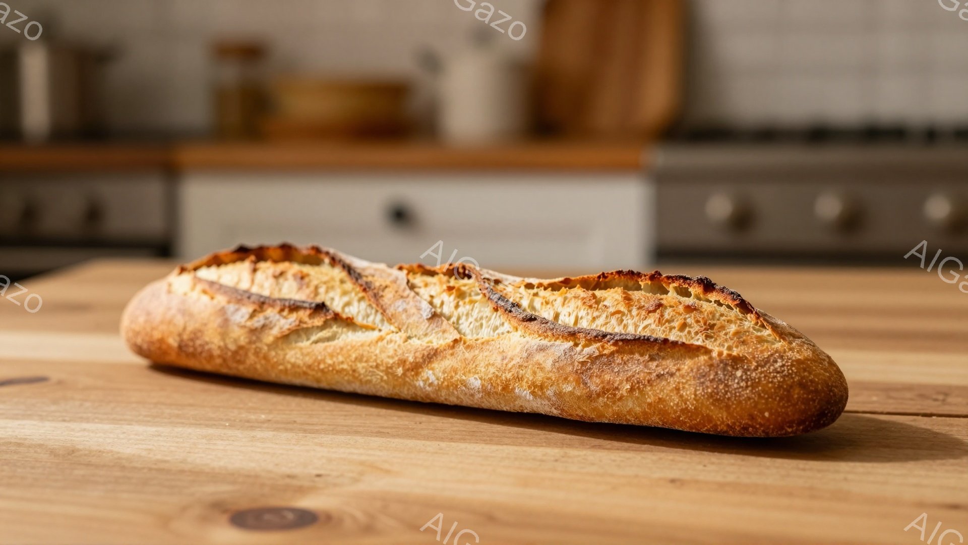 表面が焼き色がついた、細長いフランスパンが木製のテーブルの上に置かれています。パンの表面にはひび割れがあり、焼きたての香ばしさを想像させます。背景には、白のキャビネットや調理器具が見え、キッチンの一角である様子が伺えます。
