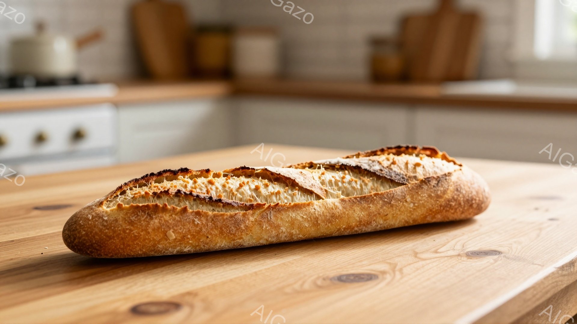 長くて細長いバゲットが、木製のテーブルの上に置かれています。バゲットは焼き色がついており、内部の気泡がはっきりと見えます。背景には白いキッチンキャビネットとコンロがあり、家庭的な温かい雰囲気が漂っています。