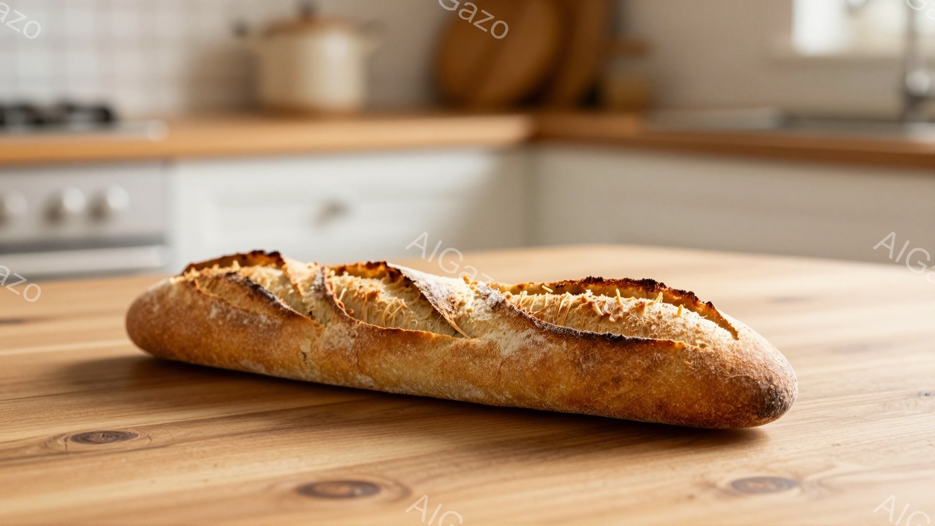 長くて細長いバゲットが木のテーブルの上に置かれています。表面は黄金色に焼き上げられ、ところどころにひび割れが見られ、食欲をそそる様子です。背景には白いキャビネットと調理器具が見え、温かみのあるキッチン - AI生成フリー素材