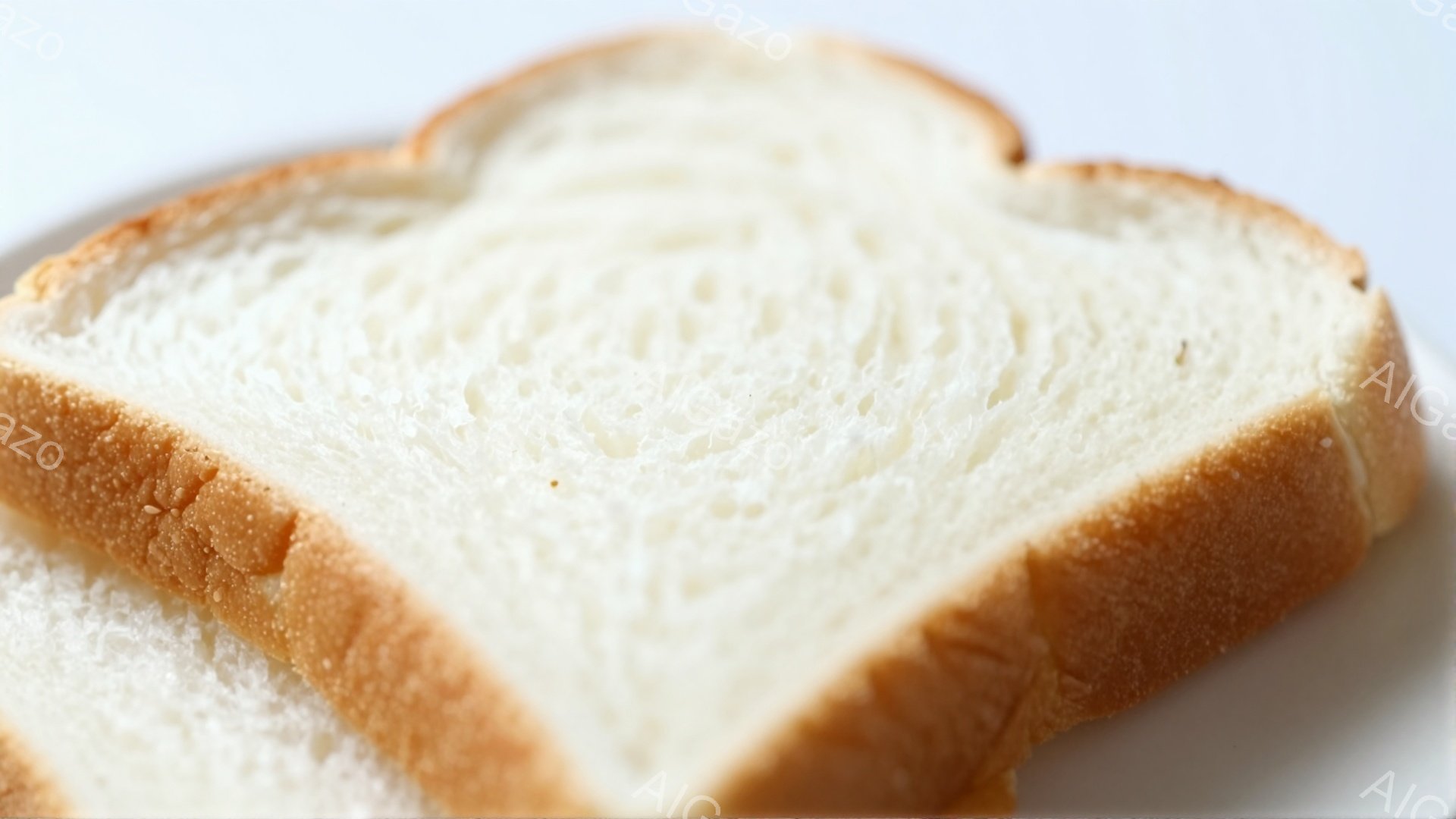 白い皿の上に、切り分けた食パンが2枚並んでいる。パンは柔らかそうな白い生地で、表面はわずかに焼き色がついており、質感がよくわかる。シンプルな構図で、パンの食感や色合いが際立っており、食欲をそそる雰囲気 - AI生成フリー素材