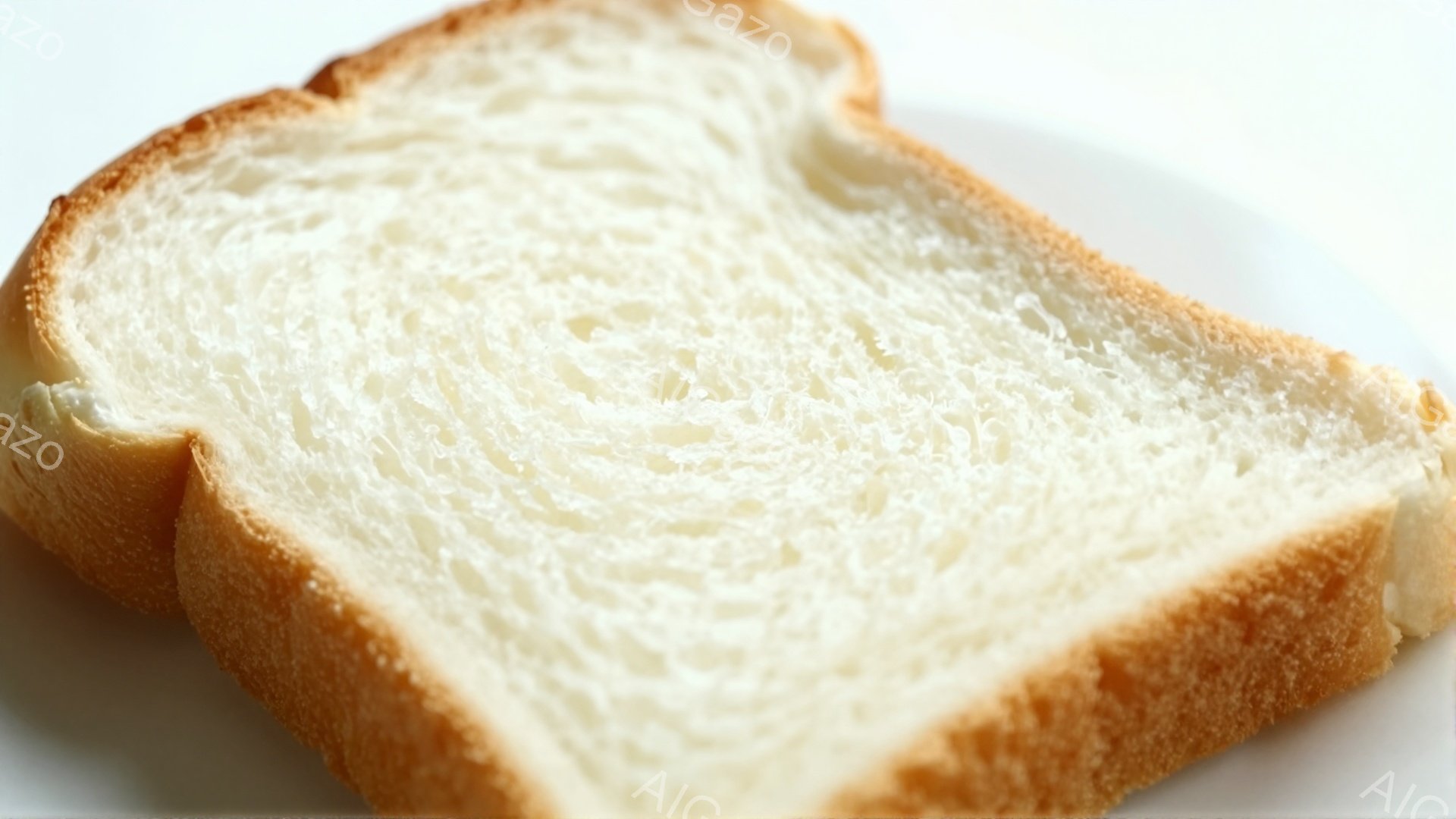 トースト一片が白い皿の上に置かれています。パンの断面はふっくらとしており、気泡が細かく確認できます。背景は白いため、パンの柔らかい茶色の縁が際立っています。