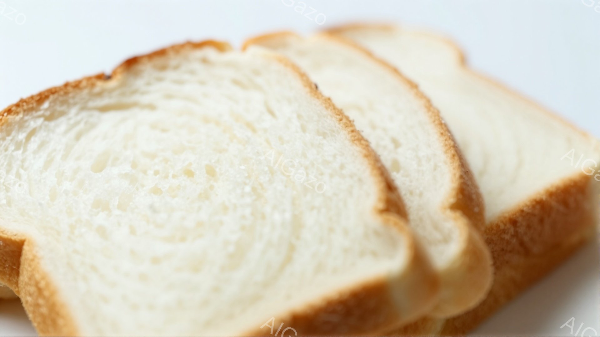 画像には、切り分けられた白いパンのスライスが３枚写っています。パンはふっくらとしており、内部は気泡が多く、柔らかそうな食感が想像できます。背景は白く、パンのシンプルさを際立たせており、全体的に清潔で食欲をそそる雰囲気です。