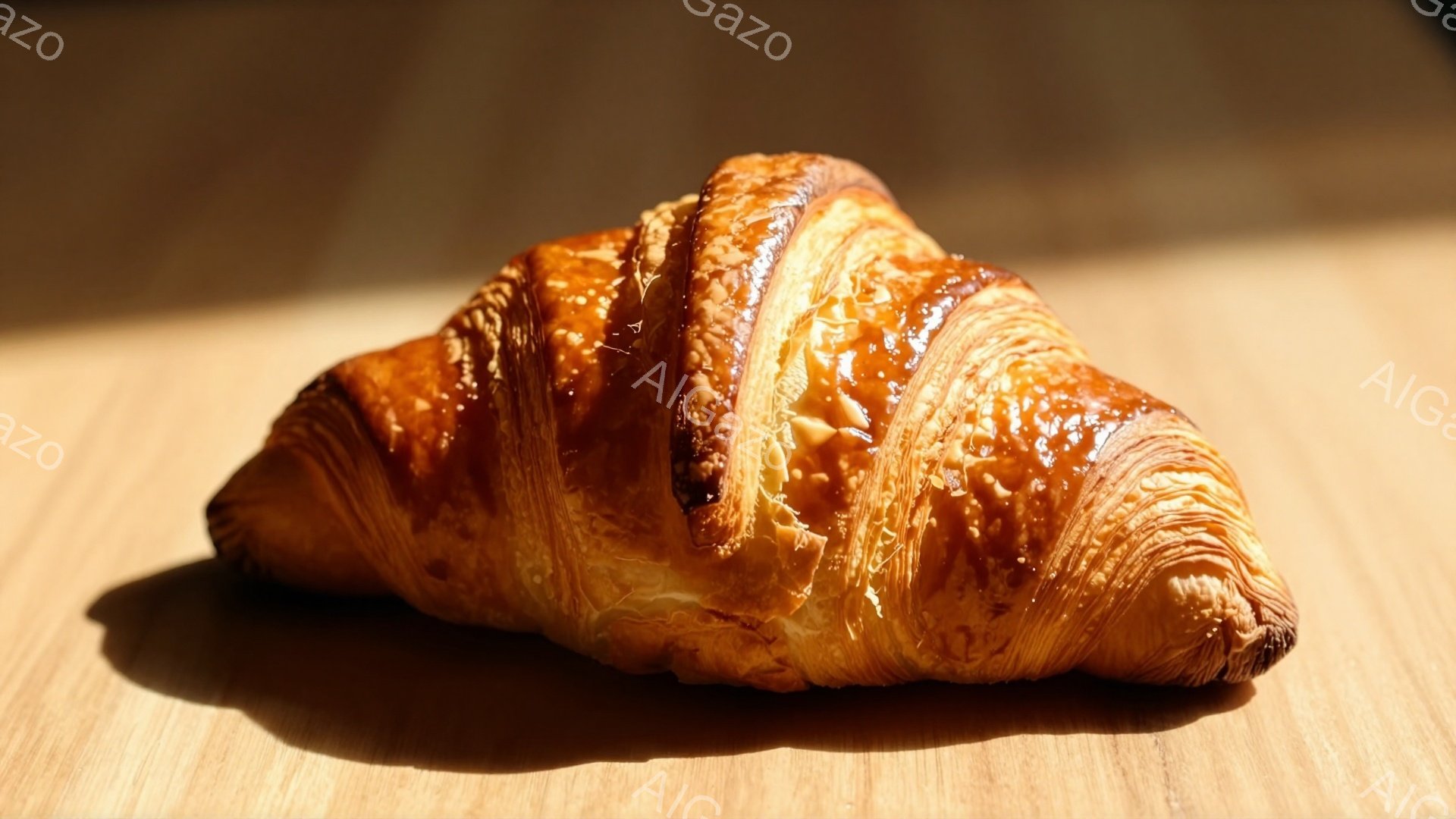 画像は、黄金色に輝くクロワッサンが、木製のテーブルの上に置かれている様子を捉えたクローズアップ写真です。クロワッサンの表面は層状になっており、焼き色が美しく、サクサクとした食感を想像させます。背景はぼかされており、クロワッサンが際立っており、食欲をそそる温かい雰囲気を醸し出しています。
