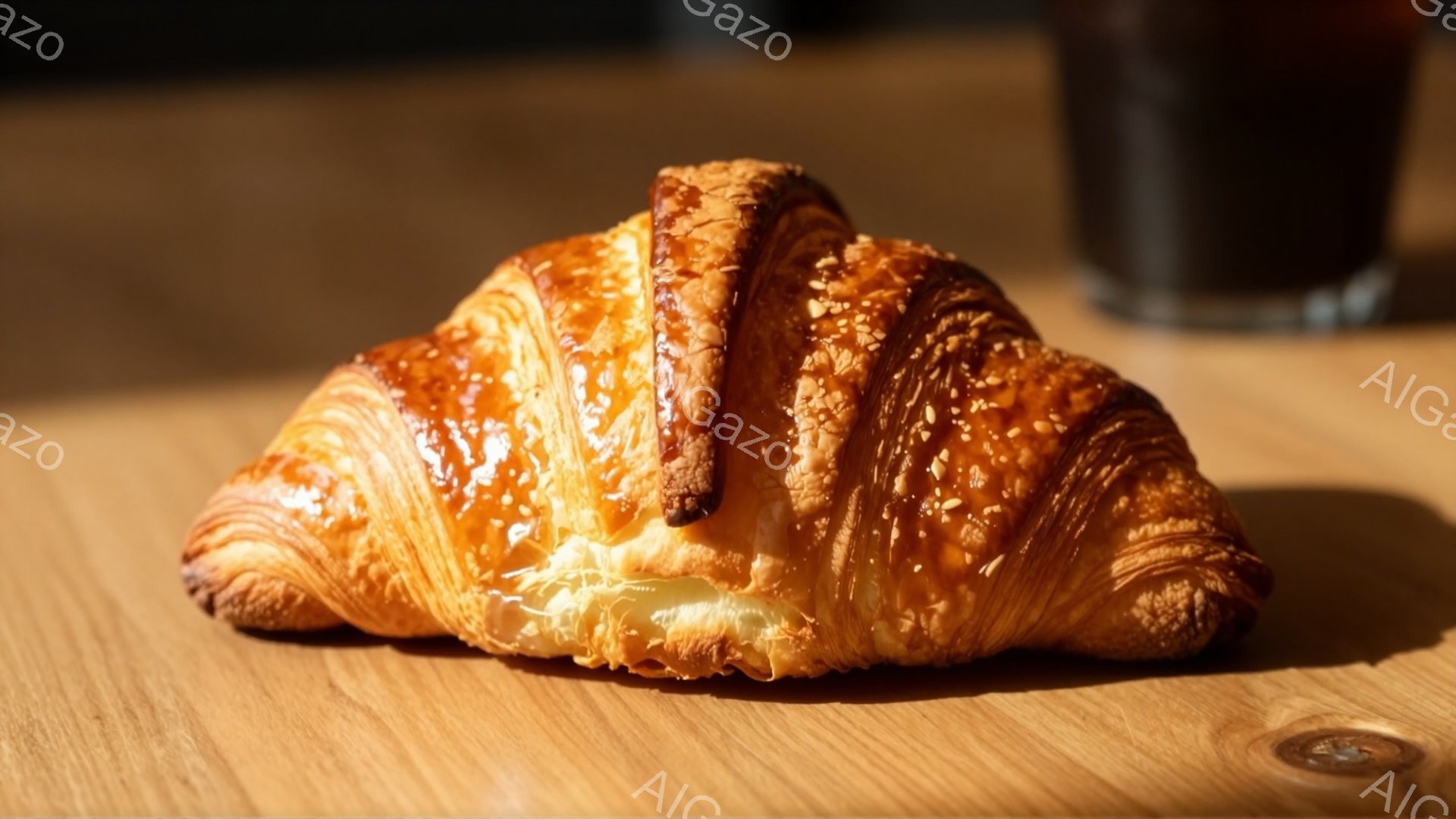 画像には、黄金色に輝くクロワッサンが木製のテーブルの上に置かれています。クロワッサンは層がはっきりと分かれており、表面には細かい焼き色がついています。背景には、何かの入ったグラスがぼんやりと見え、全体的に温かく、食欲をそそる雰囲気が漂っています。