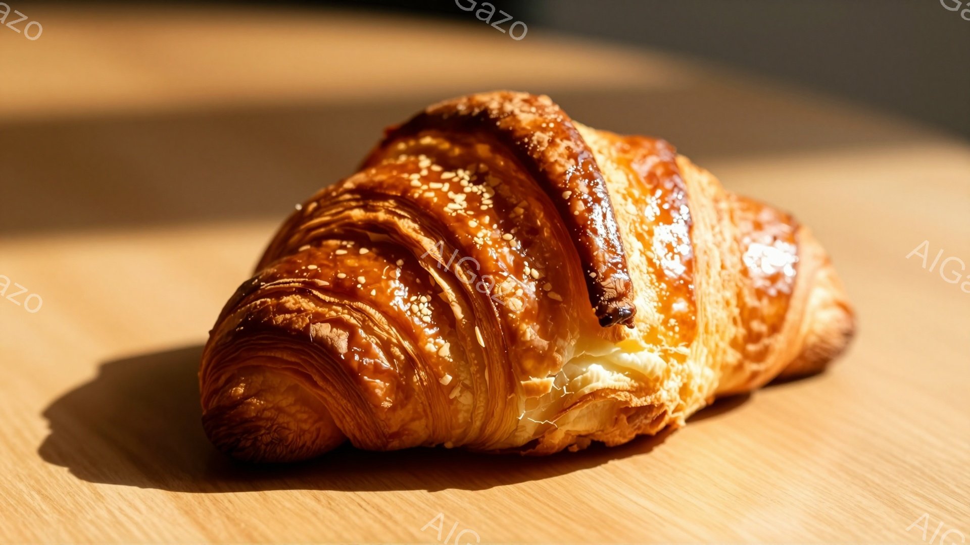 画像は、茶色く焼き上がったクロワッサンが木製のテーブルの上に置かれている様子を捉えています。クロワッサンの表面は、バターが染み込み、サクサクとした層がはっきりと見えます。光の当たり方から、温かく、食欲をそそる雰囲気が伝わってきます。