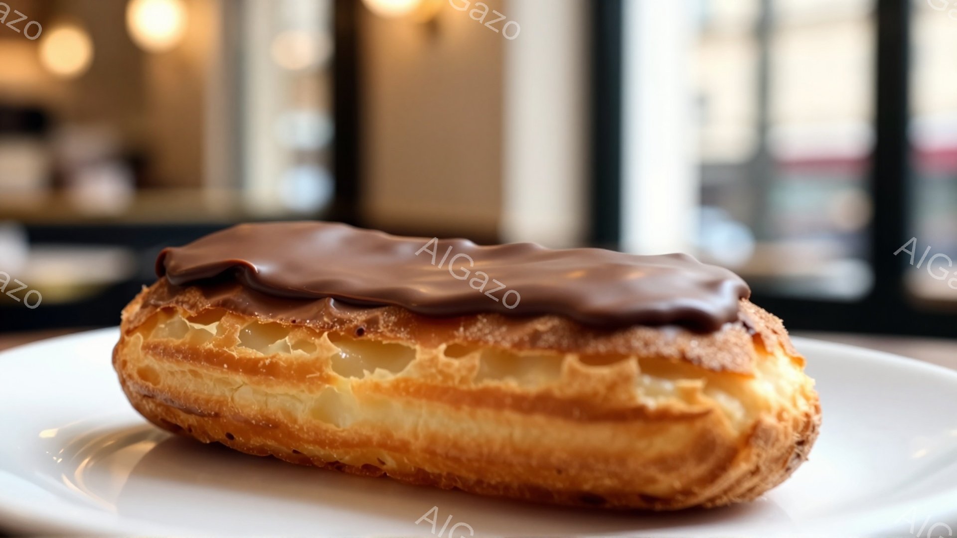 白い皿の上に、チョコレートグレーズがかかったシュークリームが置かれています。シュー生地は黄金色でサクサクとした食感を想像させ、クリームはふっくらと膨らんでいて美味しそうです。背景はぼやけていますが、明 - AI生成フリー素材