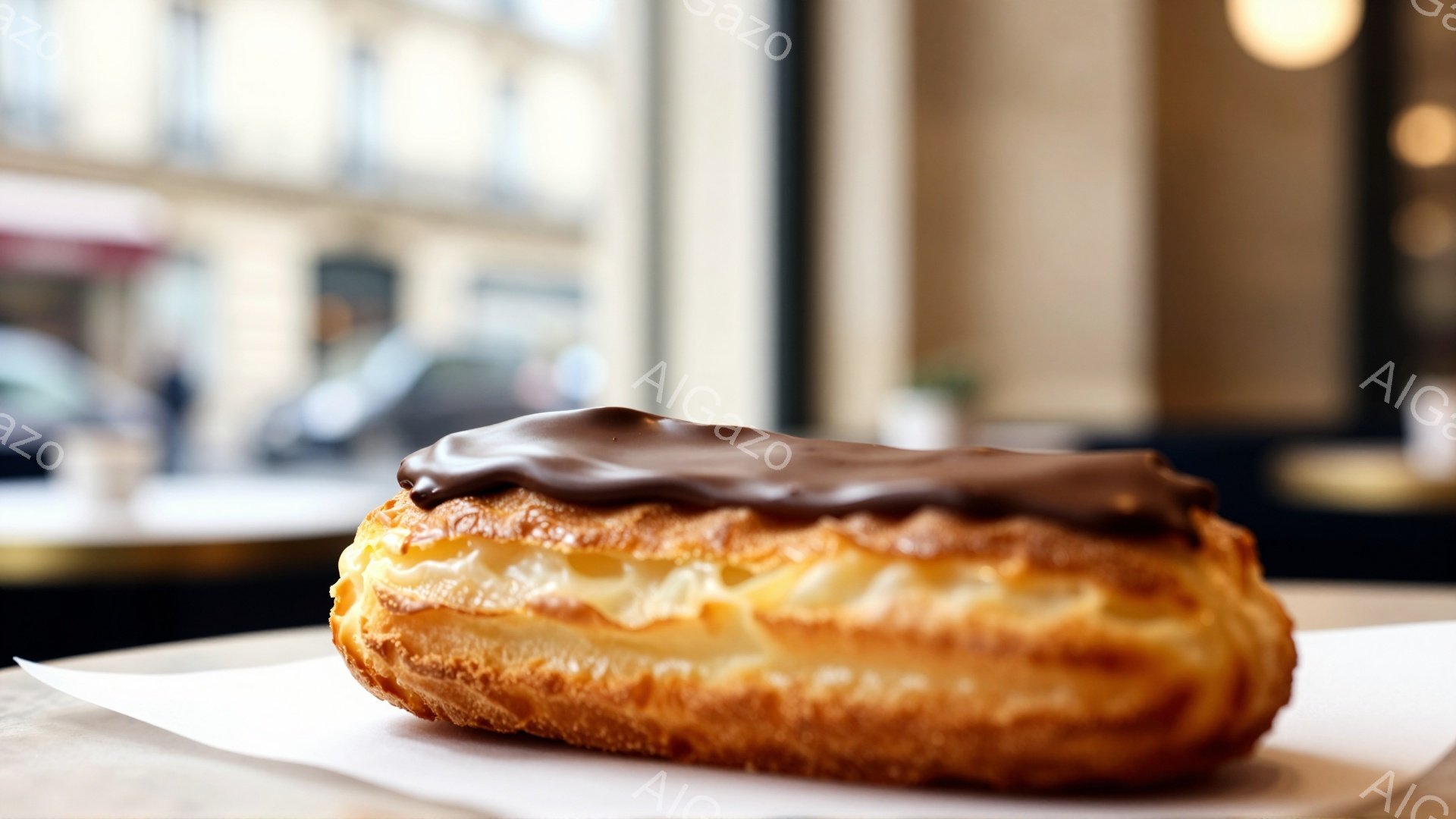 焼き色のついたシュー生地に、濃厚なクリームがたっぷり詰まったエクレアが、白い紙の上に置かれている。クリームの上には、艶やかなチョコレートのグレーズがかかっており、食欲をそそる。背景はぼやけており、カフ - AI生成フリー素材