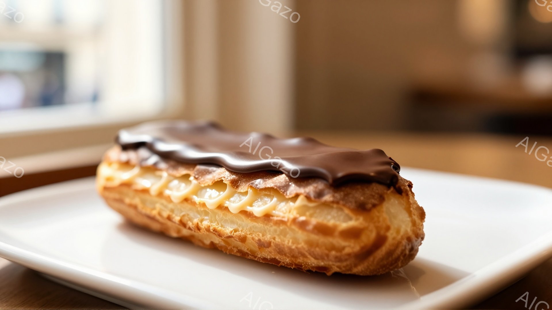 白い皿の上に、チョコレートグレーズがかかったシュークリームが置かれています。シュー生地は黄金色でサクサクしており、クリームは明るい黄色で、甘くて濃厚な味わいを想像させます。背景はぼやけていますが、木のテーブルと窓からの光が暖かく、お菓子をより一層引き立てています。