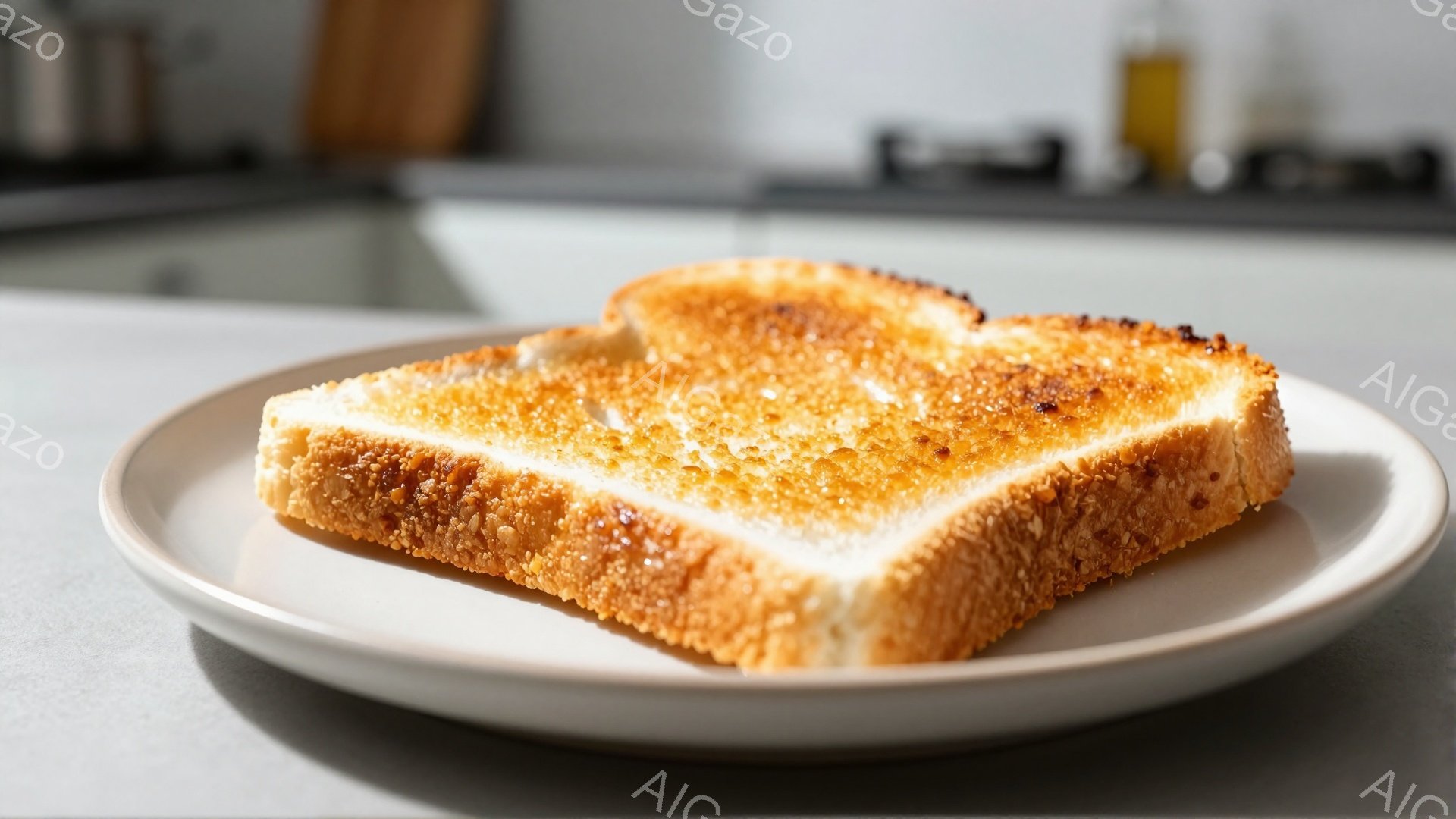 白い皿の上に、黄金色に焼かれたトースト一片が置かれています。トーストは少し焦げ目がついており、表面はザラザラとした食感が想像できます。背景はぼやけていますが、キッチンの一部がうかがえ、全体的にシンプル - AI生成フリー素材
