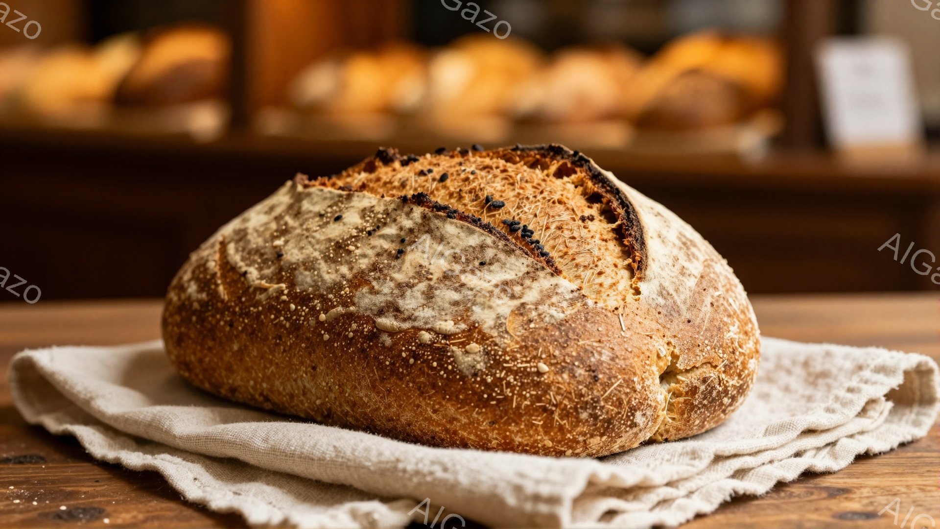表面に焦げ目がついた、丸みを帯びたパンが、シワのあるベージュ色の布の上に置かれています。パンのクラストは茶色と黒のまだら模様で、小麦粉の粉が少し付着しています。背景には、ぼやけたパン屋の棚が見え、暖かく、素朴な雰囲気です。