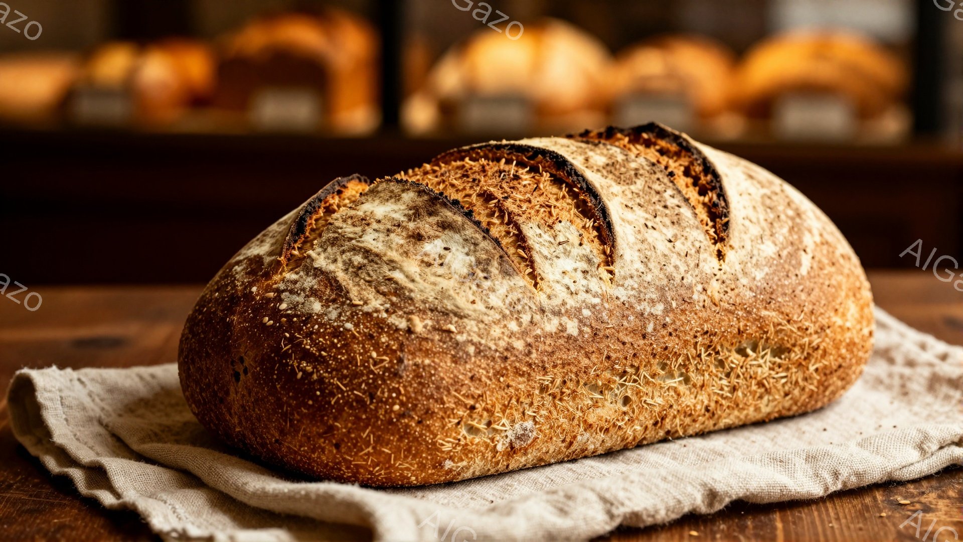 焼きたてのパンが、粗い麻布の上に置かれています。パンの表面は濃い茶色で、ところどころに小麦粉のついた焼き目が確認できます。背景はぼかされており、他のパンが並んでいる様子が見えますが、焦点はパンそのものに当てられています。