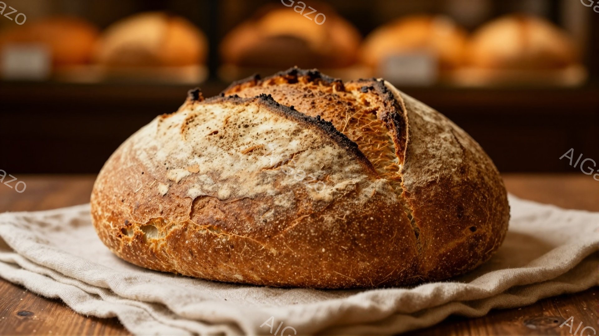 焼き色のついた、丸いパンが粗いリネンの布の上に置かれています。パンの表面にはひび割れがあり、焼き加減から香ばしい香りが想像できます。背景には、他のパンがぼやけて写っており、パン屋さんの棚の一角のようです。